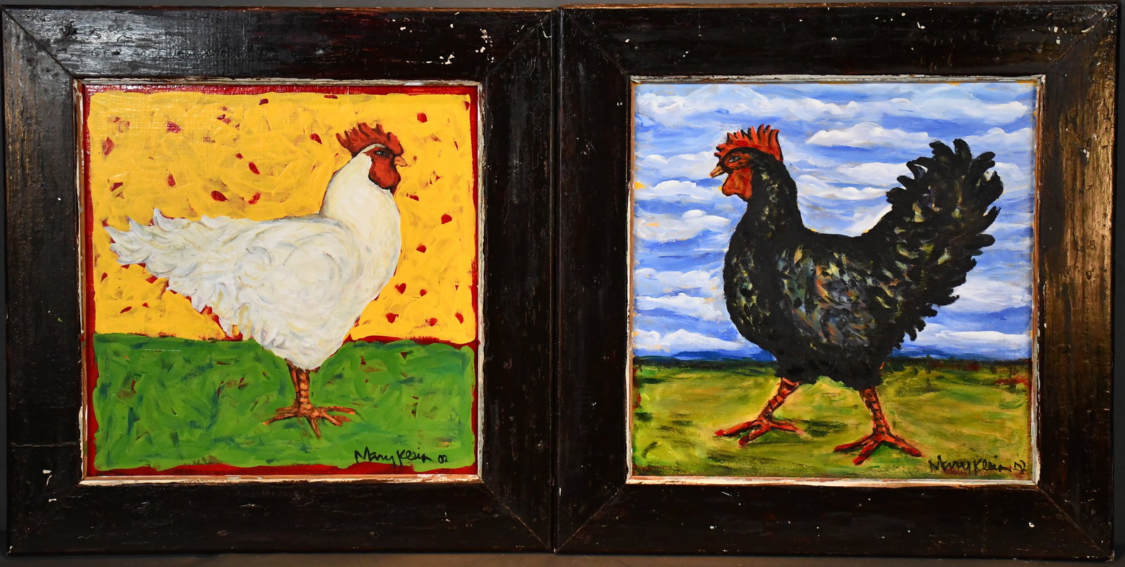 Mary Klein. Black Rooster and White Rooster Paintings.: Mary Klein. Black Rooster and White Rooster Paintings. 2002. Signed and dated. Paint on board. Excellent condition. 24" w x 24" h each with frames. Est. $400-600. Ship: $85 Please Read Before You Bid: