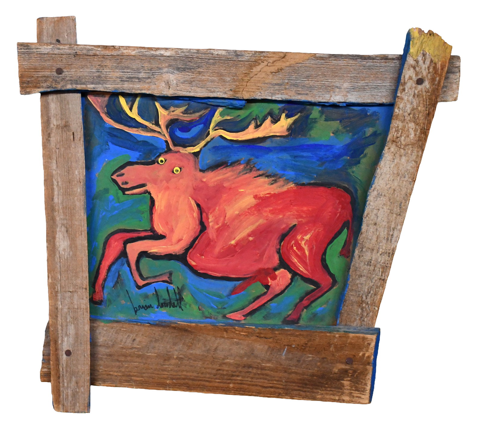 Brian Dowdall. Moose.: Brian Dowdall. (1948-2018) Moose. Signed. Paint on found cardboard with artist-made frame. Great condition. 18" w x 17" h. Est. $100-200. Ship: $55 Please Read Before You Bid: By registering for