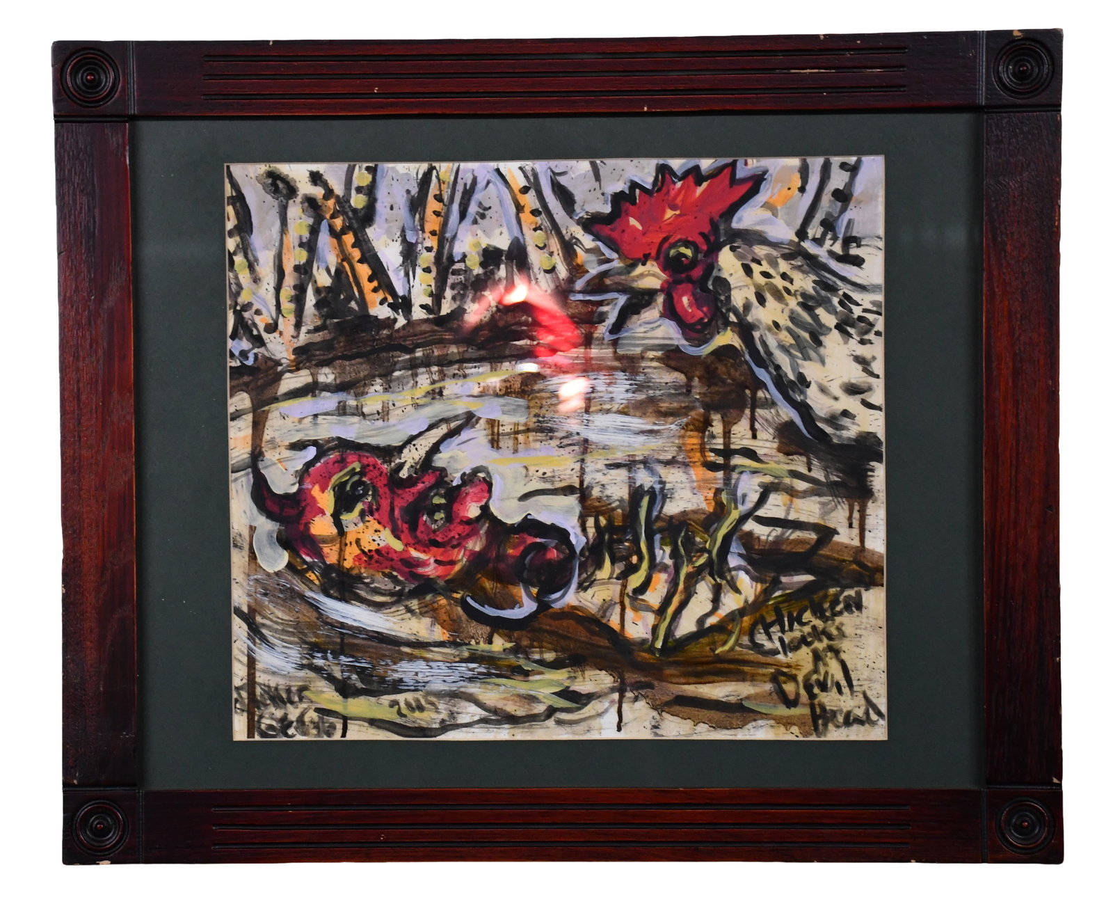 Unknown Artist. Chicken Looks at Devil Head.: Unknown Artist. Chicken Looks at Devil Head. 2005. Signed, dated, and titled. Watercolor on paper. Excellent condition. Size with frame is 23" w x 19" h. Est. $100-200. Ship: $65 Please Read Before Yo