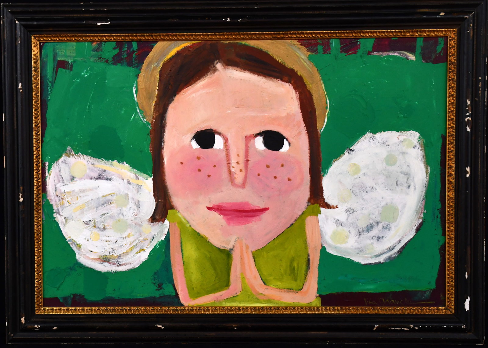 Lila Graves. Angel.: Lila Graves. Angel. Signed. Paint on canvas. Excellent condition. Size with salvaged frame is 42.5" w x 31" h. Est. $500-800. Ship: $350 Please Read Before You Bid: By registering for and/or