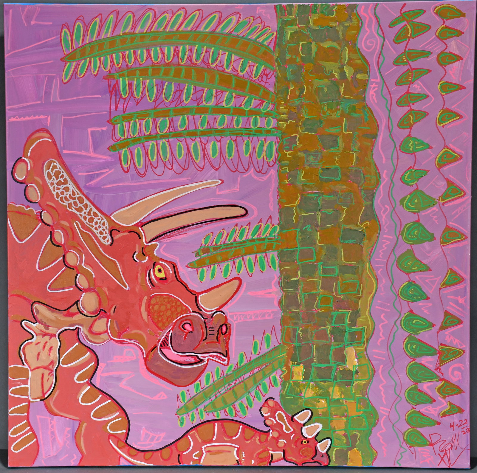 Ravell Robinson. Stegosaurus Dinner Date.: Ravell Robinson. Stegosaurus Dinner Date. 2023. Signed and dated. Acrylic on canvas. Excellent condition. 36" w x 36" h. Est. $300-500. Ship: $200 Please Read Before You Bid: By registering for