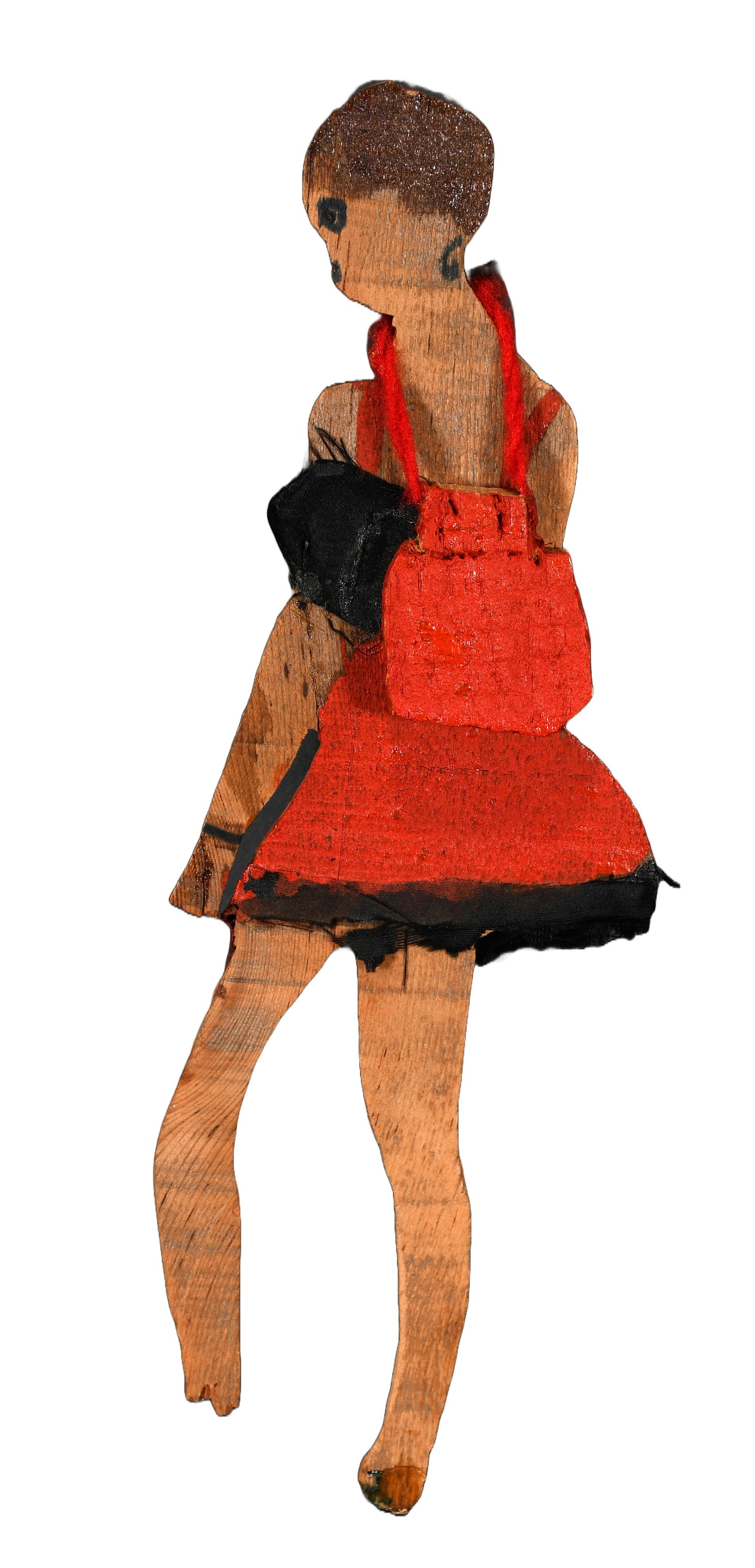 Steve Ashby. Woman with Purse.: Steve Ashby. (1904-1980). Woman with Purse. Not signed. Paint and mixed media on cut out wood. Loss to feet and repair to arm. Overall fair condition. 10" h. Provenance: Phyllis Kind Gallery. Est. $20