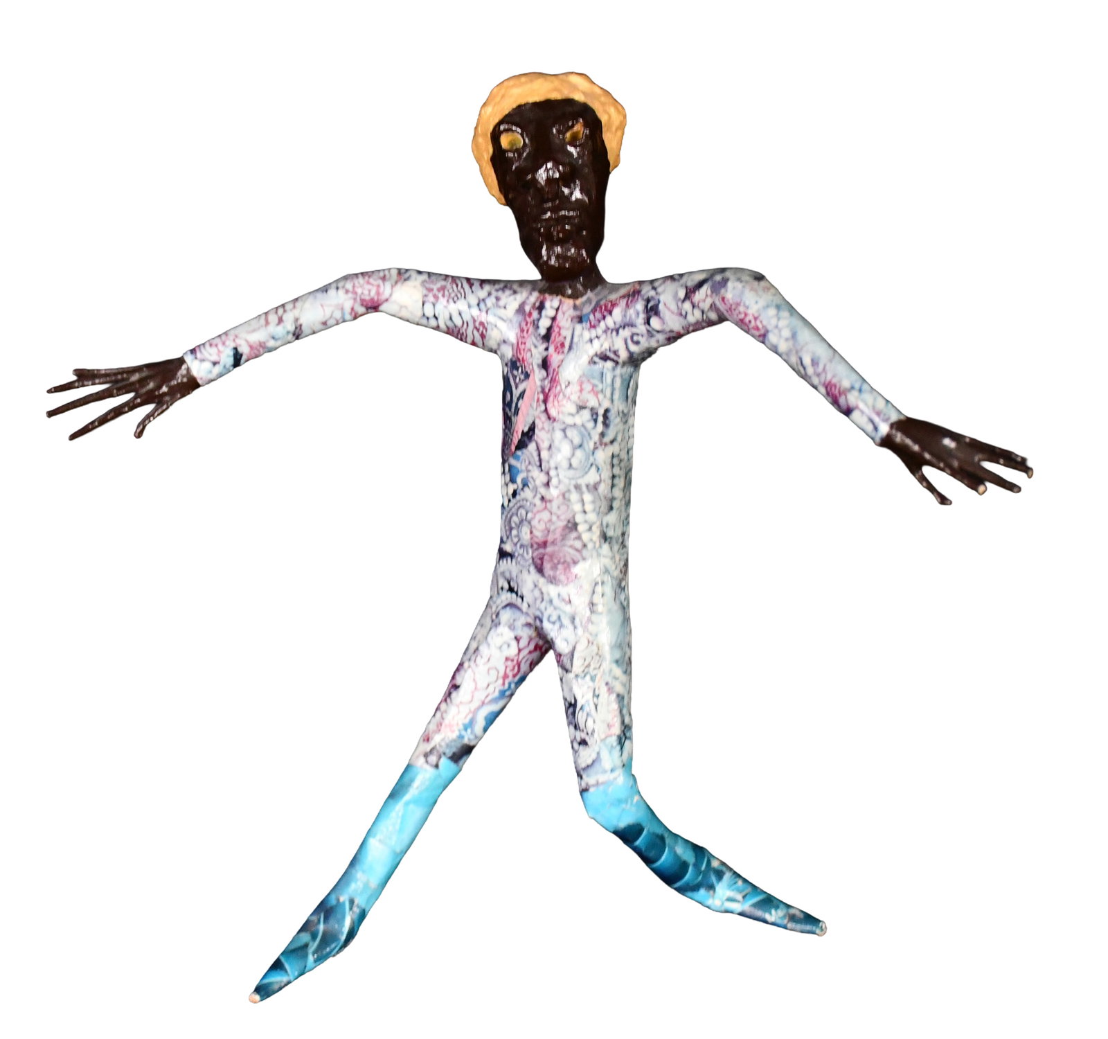 Patrick Davis. Figure with Golden Hair.: Patrick Davis. Figure with Golden Hair. 1986. Initialed and dated. Magazine paper mache figure and paint. Minor loss to finger on left hand, otherwise great condition. 8.5" h. Est. $100-200. Ship: $45