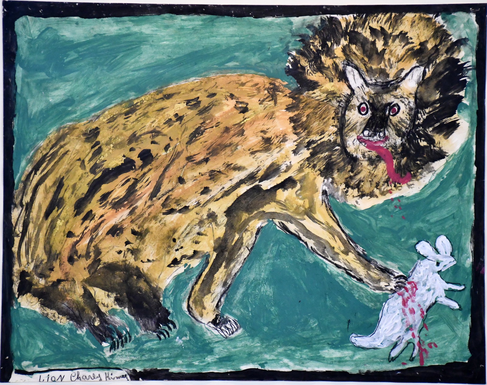 Charley Kinney. Lion and Mouse.: Charley Kinney. Lion and Mouse. Signed and titled. Paint on poster. Pinholes in corner from original hanging, otherwise excellent condition. Image is 28.5" w x 22" h. Frame is 40" w x 34.5" h. Est. $4