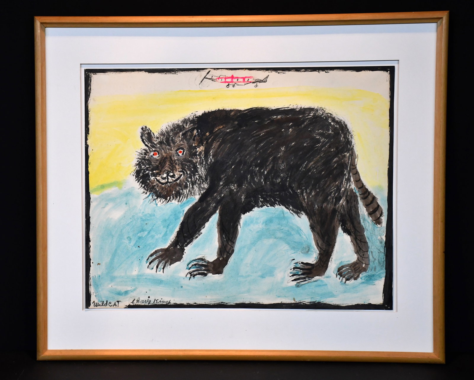 Charley Kinney. Wildcat.: Charley Kinney. Wildcat. Signed and titled. Watercolor and paint on poster. Excellent condition. Image is 28" w x 22" h. Frame is 37" w x 32" h. Est. $500-800. Ship: $200 Please Read Before You Bid: B