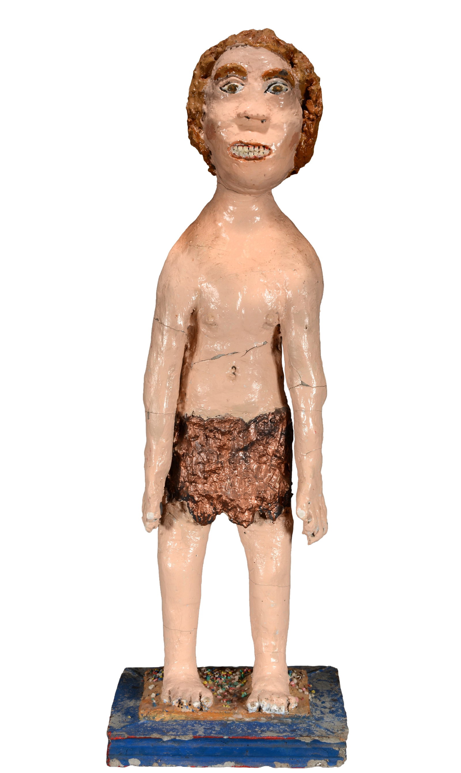 Vernon Burwell. Caveman.: Vernon Burwell. (1916-1990). Caveman. Not signed or dated. Cement and mixed media sculpture. Crack in arms, minor loss in paint, otherwise good condition. 36.5" x 12" x 10". Est. $300-500. Buyer is