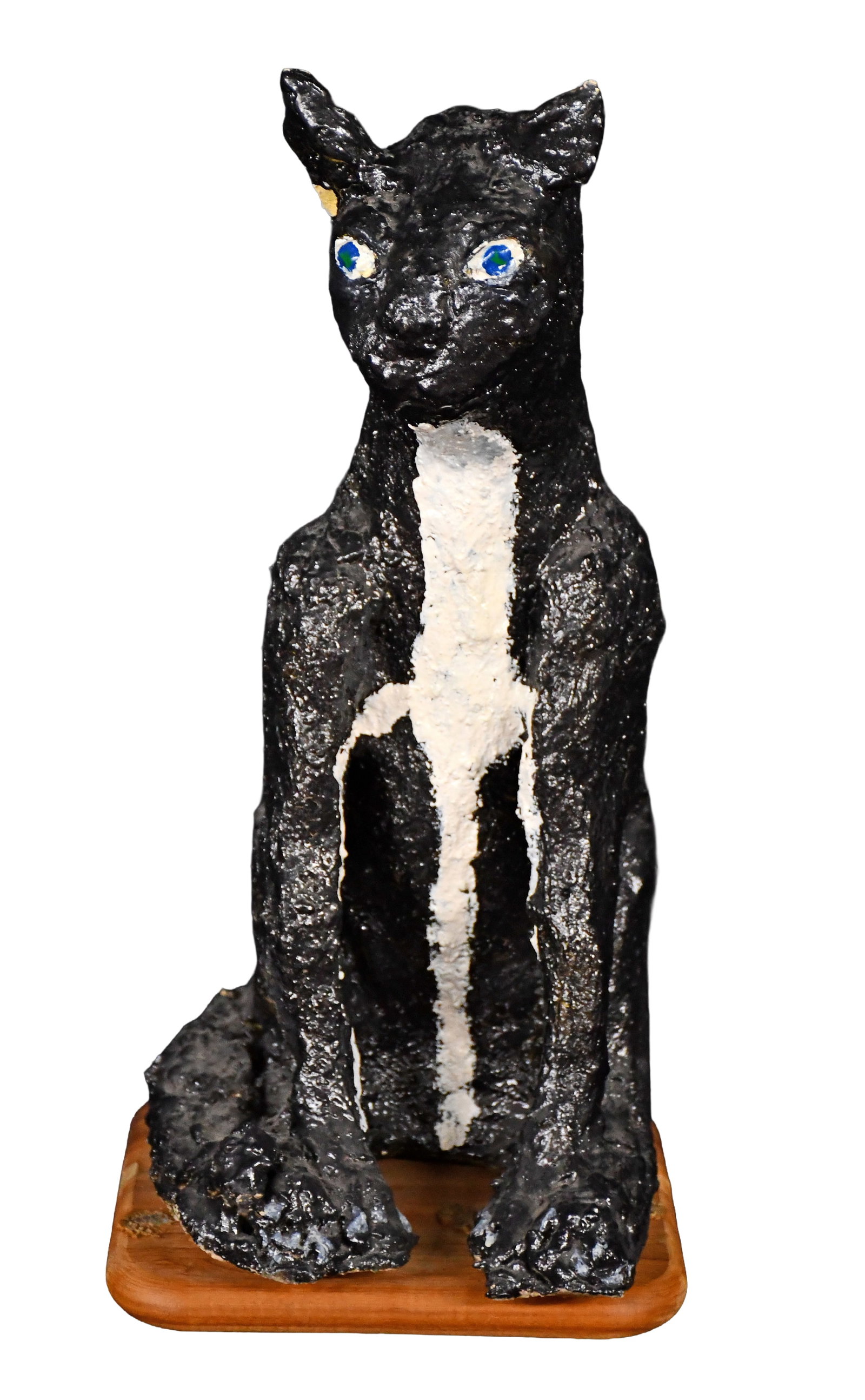 Vernon Burwell . Black Cat.: Vernon Burwell. Black Cat. Signed on wooden base. Painted mixed media cement construction. Paint flake and repair to one ear, otherwise great condition. 9" w x 19" h x 14" d. Provenance: Judith Alexan