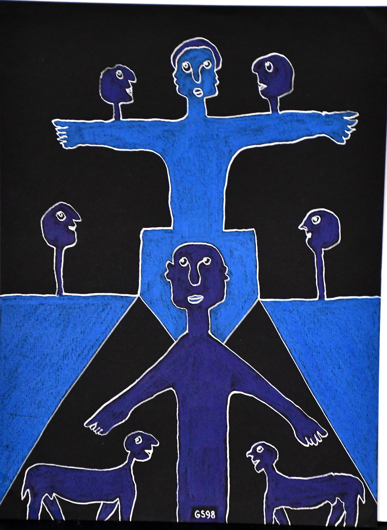 Gerard Sendrey. Figures and Shapes In Blue.: Gerard Sendrey. (1928-2022). Figures and Shapes In Blue. 1998. Initialed and dated. Mixed media on black paper. Excellent condition. 9.5" w x 12.75" h. Est. $200-300. Ship: $35 Please Read Before