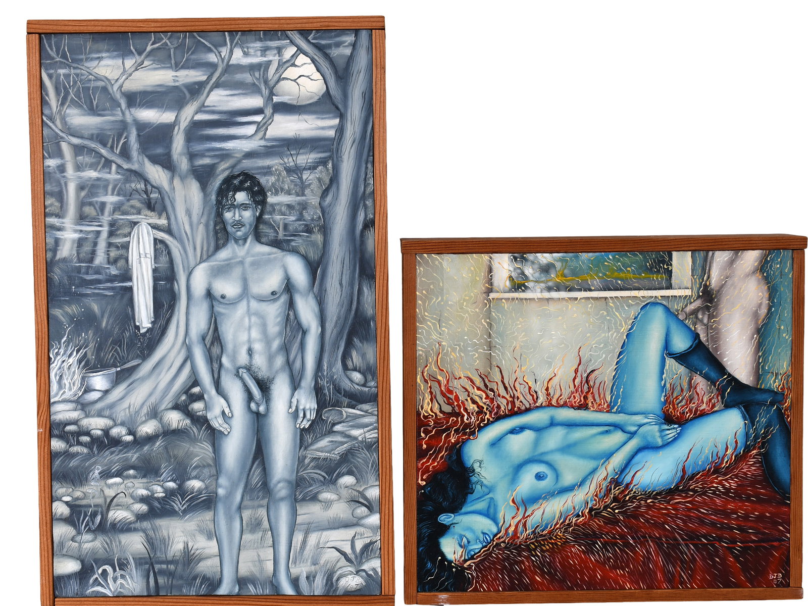 DJB. Erotic Pair.: DJB. Erotic Pair. 1987. Initialed and dated. Oil on board. Excellent condition. Largest is 7" x 12". Provenance: Richard Gasperi and James Resko Collection. Est. $200-300. Ship: $45 Please Read