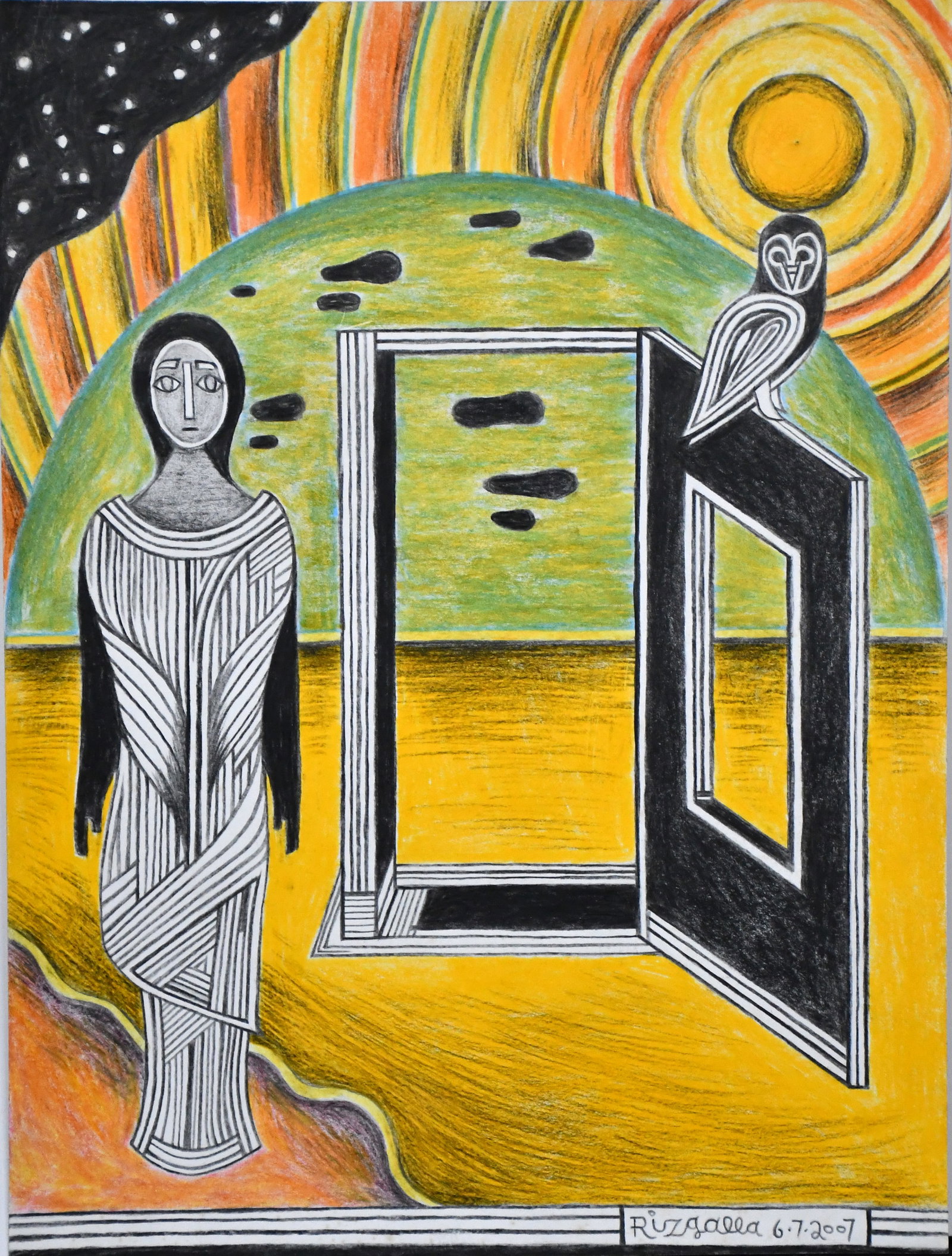 Andrew Rizgalla. Through the Door.: Andrew Rizgalla. Through the Door. 2007. Signed and dated. Colored pencil and crayon on paper. Excellent condition. 10.5" w x 14" h. Est. $200-300. Ship: $35 Please Read Before You Bid: By registering