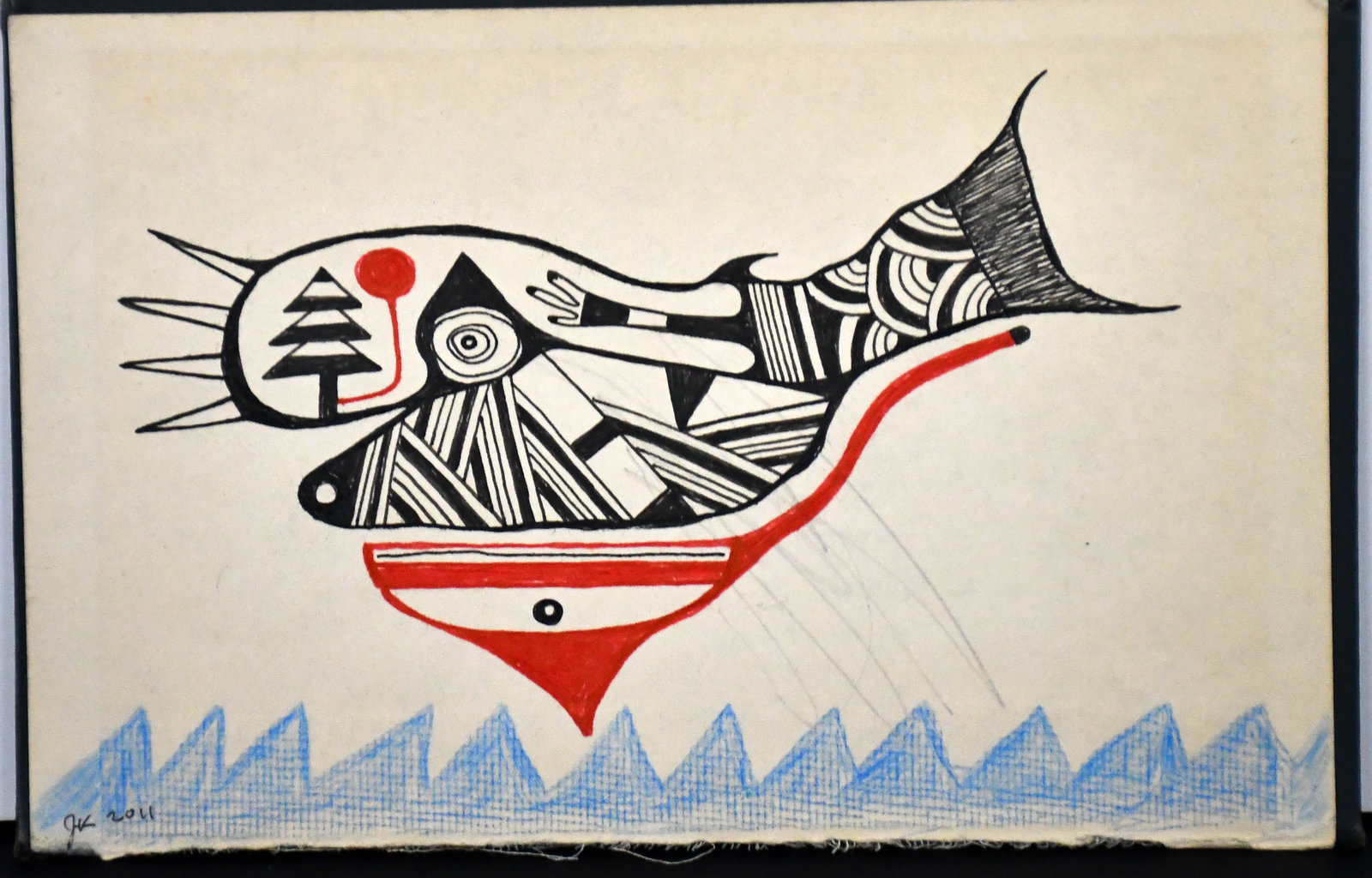 Jim Kaufmann. Surreal Whale.: Jim Kaufmann. Surreal Whale. 2011. Initialed and dated. Ink and colored pencil on inner book cover. Minor toning and stray pencil mark, otherwise good condition. 8" w x 5" h. Est. $200-300. Ship: $35