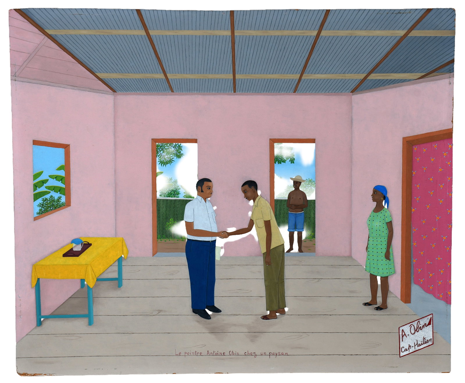 Antoine Obin. Artist at the Home of a Peasant.: Antoine Obin. (1929-1922). Artist at the Home of a Peasant. (L'artist chez un payson). c. 1970s. Signed and titled. Oil on Masonite. Wear and loss on lower left and wear from early frame. 24" w x 20"