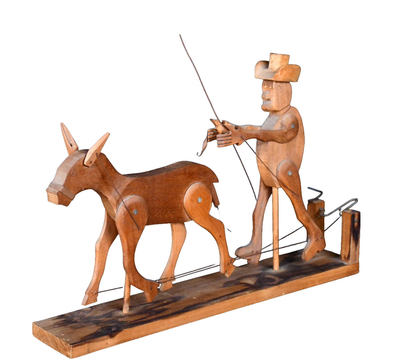 Artist Unknown. Farmer and Mule Crank Toy.: Artist Unknown. Farmer and Mule Crank Toy. Possibly Bill Monroe's brother. Not signed. Carved and assembled wood with metal wires. Great working condition. 20" long x 14" h. Est. $100-200. Ship: $85 