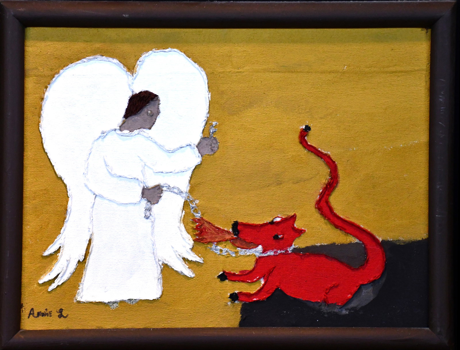 Annie Lucas. Angel Tames Devil.: Annie Lucas. Angel Tames Devil. Signed. Paint and fabric on canvas. Excellent condition. Size with frame is 17.5" w x 13.5" h. Est. $200-400. Ship: $45 Please Read Before You Bid: By registering
