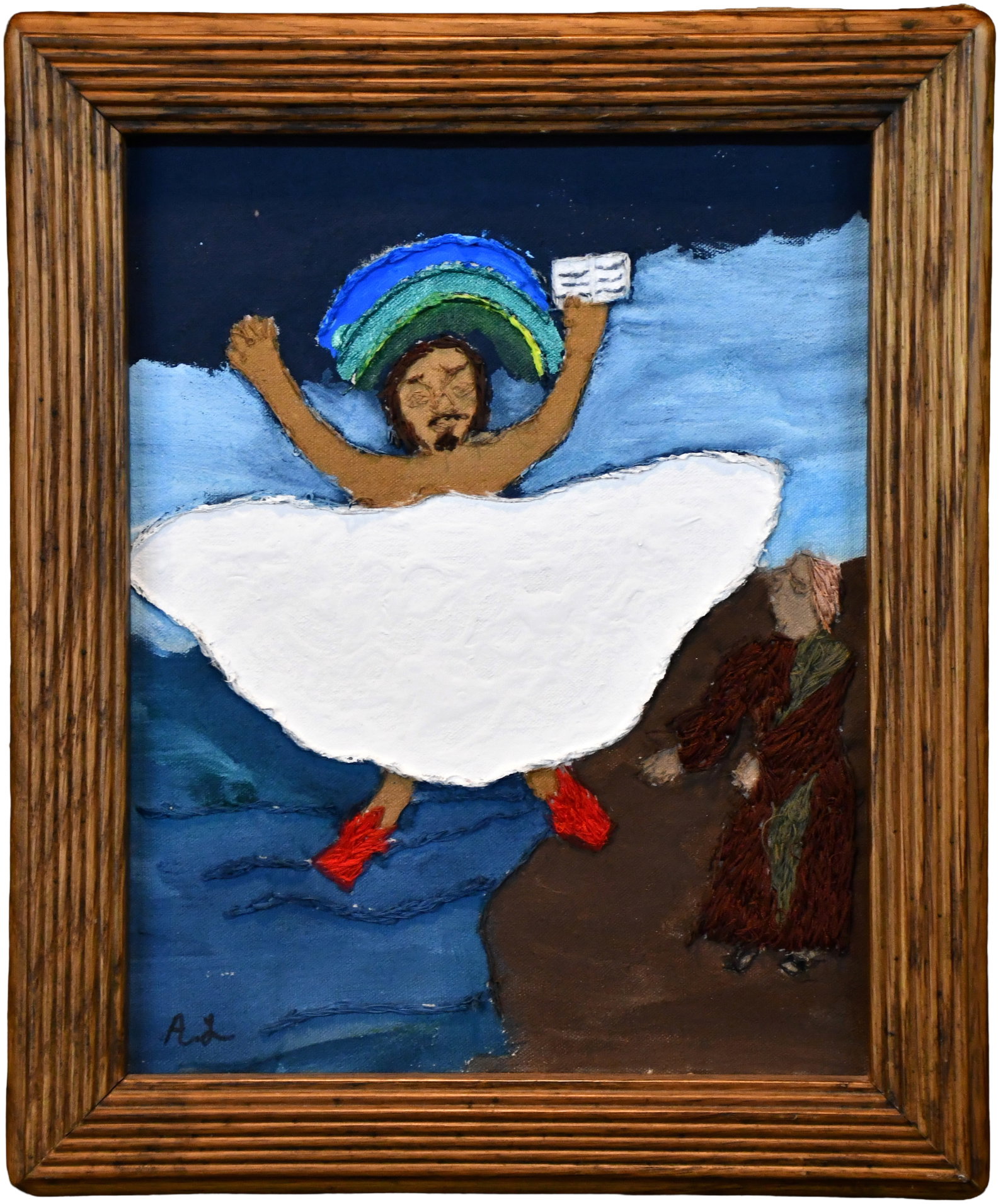 Annie Lucas. Revelations, Chapter 10.: Annie Lucas. Revelations, Chapter 10. Initialed and titled. Paint and embroidery on canvas. Excellent condition. Size with frame is 10" w x 12" h. Est. $100-200. Ship: $35 Please Read Before You