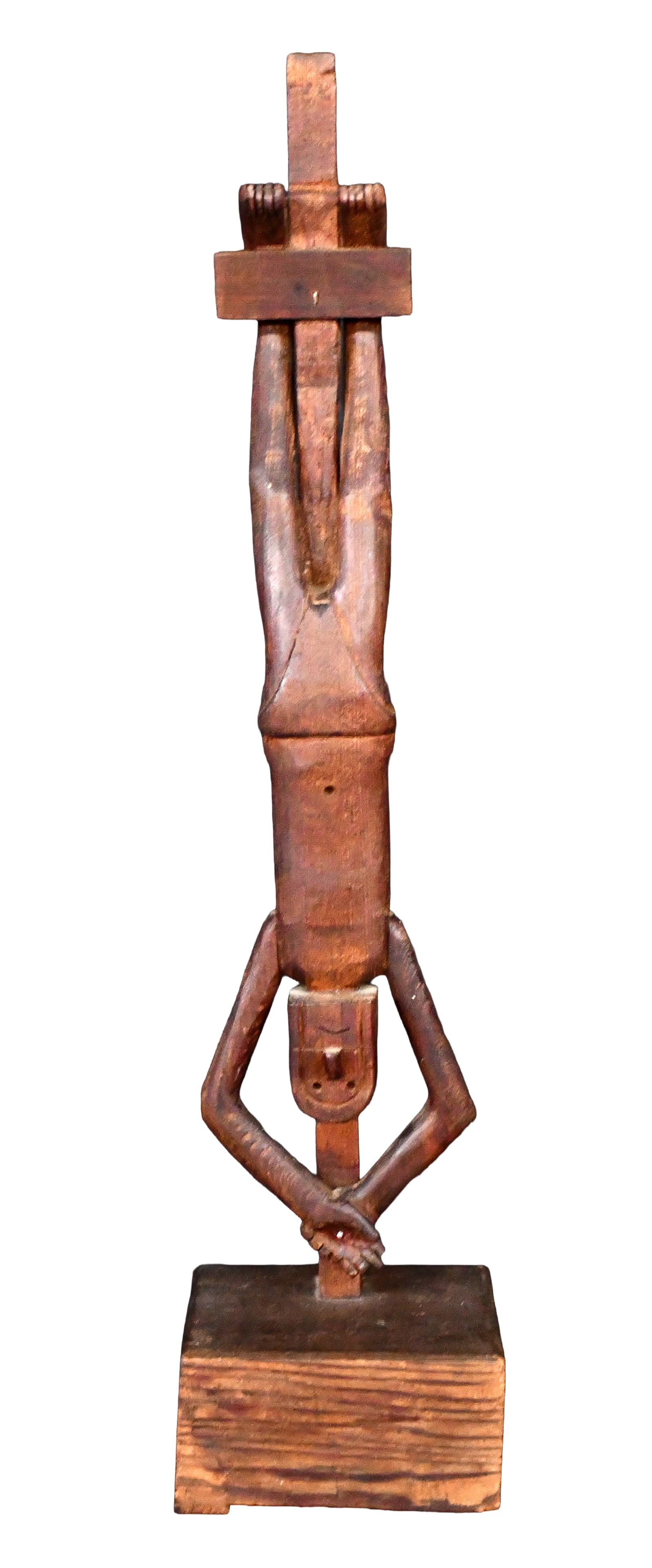 Jim Colclough. Upside Down Crucifixion.: Jim Colclough. Upside Down Crucifixion. Signed. Carved and stained wood. Excellent condition. 20" h. Est. $100-200. Ship: $65 Please Read Before You Bid: By registering for and/or placing a bid in