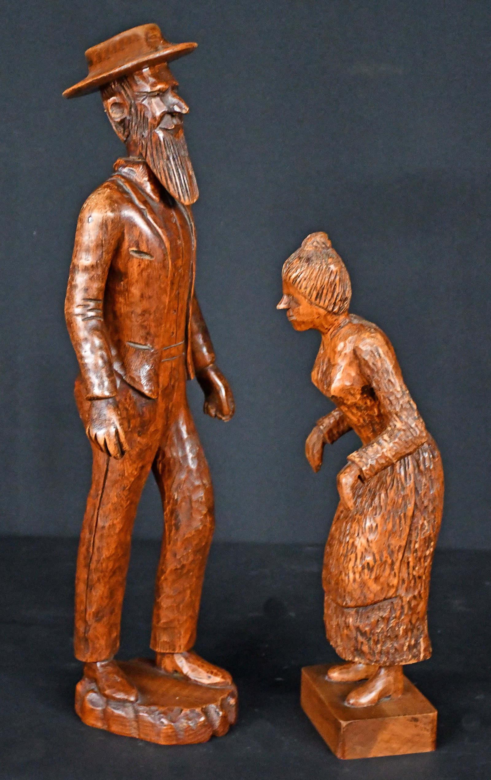 Clarence Stringfield. Rocky Top Couple.: Clarence Stringfield. (1903-1976). Rocky Top Couple. Signed. Carved and stained wood. Excellent condition. Tallest is 18" h. Est. $300-500. Ship: $75 Please Read Before You Bid: By registering for