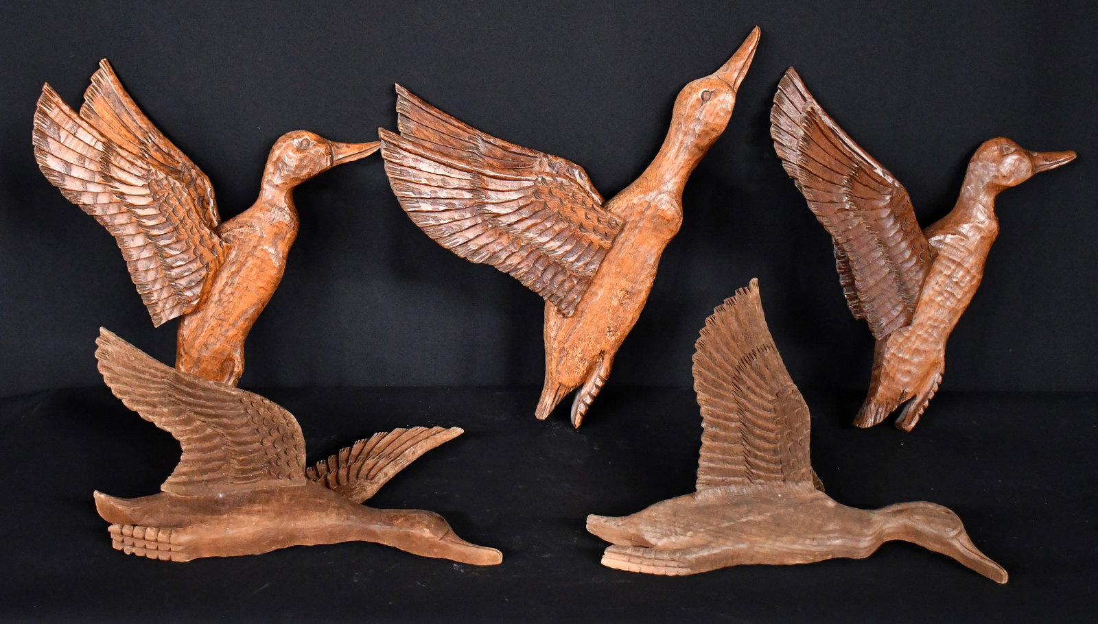Clarence Stringfield. Five Flying Mallard Ducks.: Clarence Stringfield. Five Flying Mallard Ducks. Signed. Carved and stained wood. Excellent condition. Average is 16" w x 12" h. Est. $300-500. Ship: $75 Please Read Before You Bid: By registering