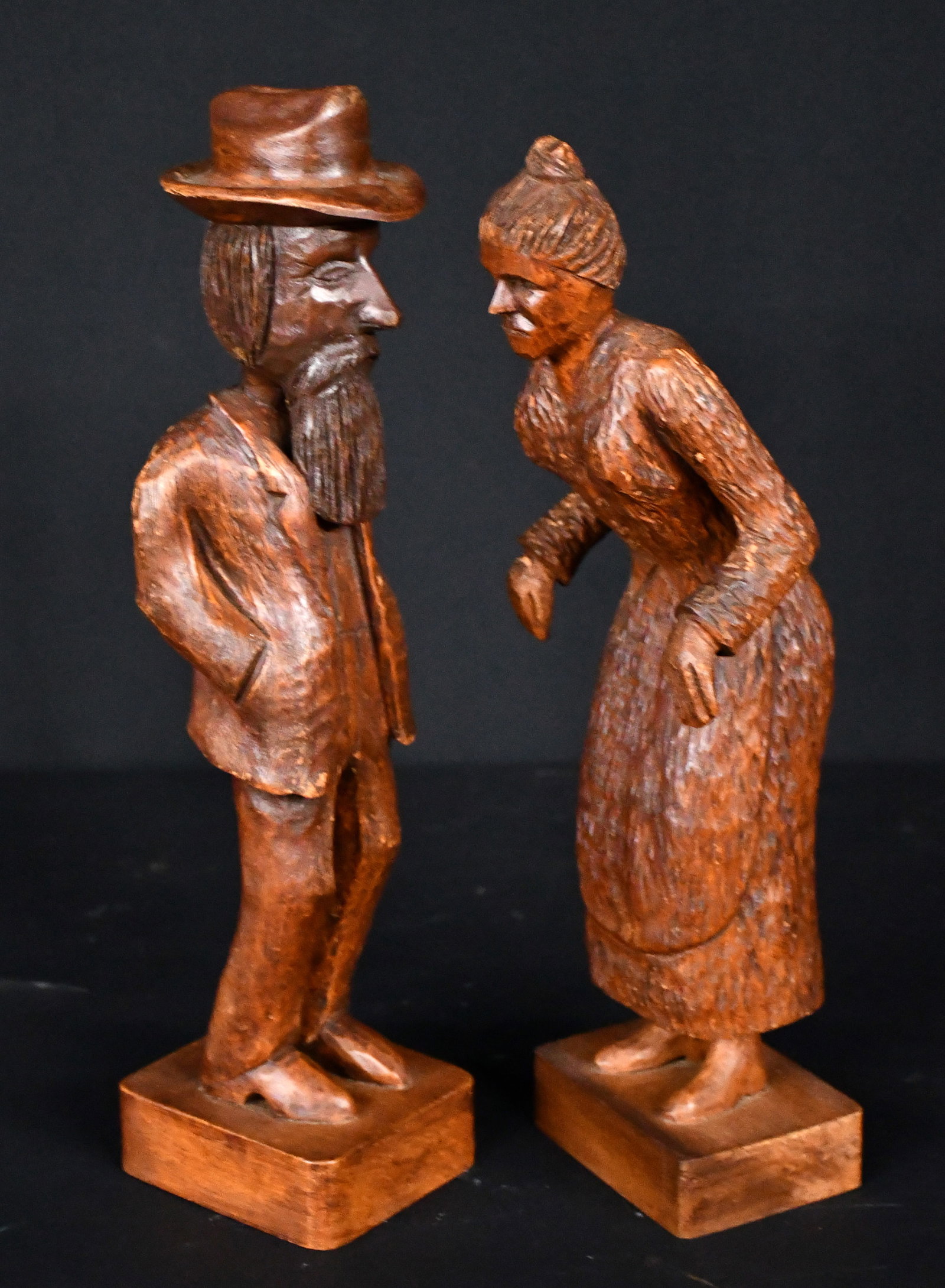 Clarence Stringfield. Appalachian Couple.: Clarence Stringfield. Appalachian Couple. Signed. Carved and stained wood. Excellent condition. Average is 14" h. Est. $300-500. Ship: $65 Please Read Before You Bid: By registering for and/or