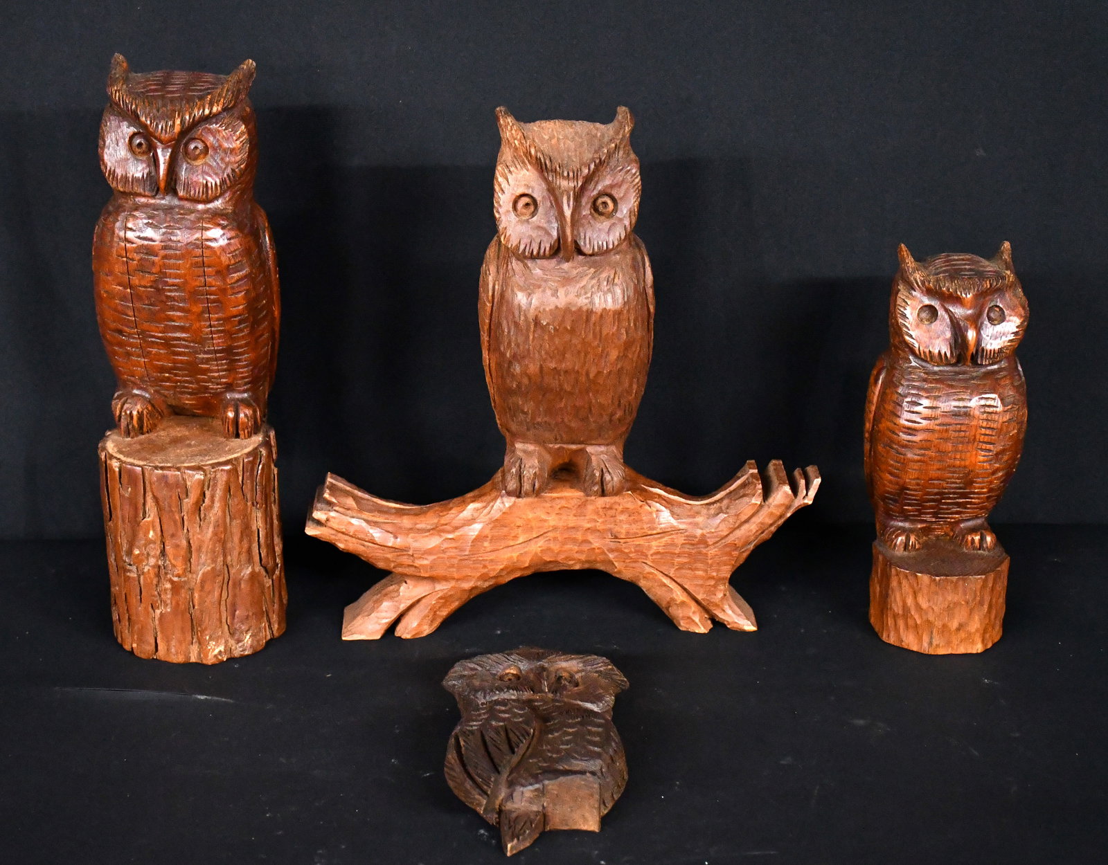 Clarence Stringfield. Four Owls.: Clarence Stringfield. Four Owls. One dated 1968. All signed. Carved and stained wood. Excellent condition. Tallest is 13" h. Est. $300-500. Ship: $75 Please Read Before You Bid: By registering for