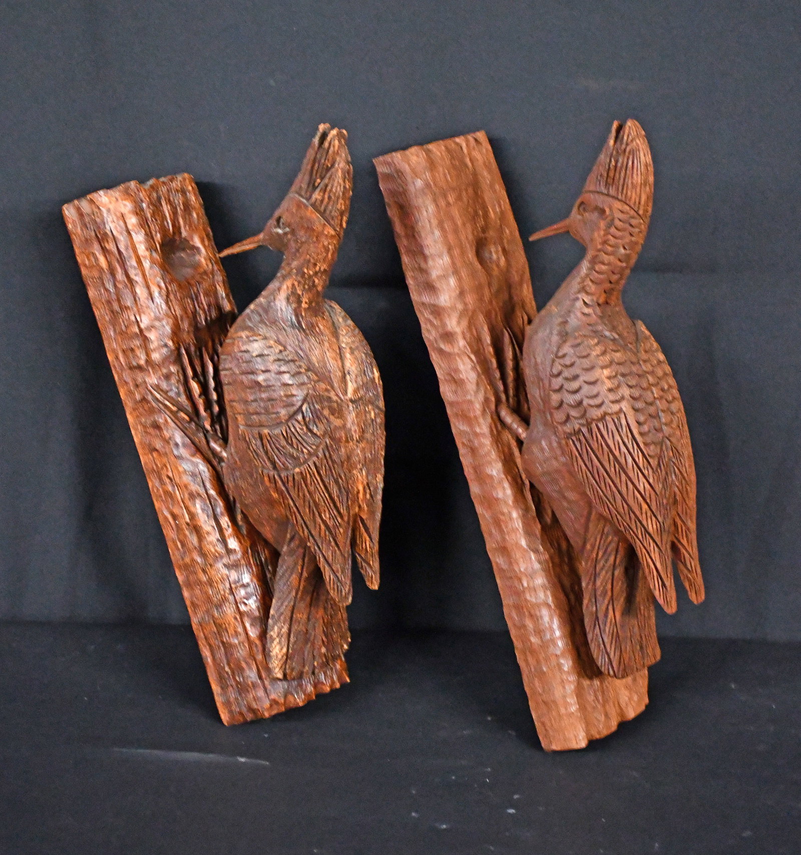 Clarence Stringfield. Pair of Pileated Woodpeckers.: Clarence Stringfield. Pair of Pileated Woodpeckers. One is signed. Carved and stained wood. Excellent condition. Average is 15" h. Est. $300-500. Ship: $65 Please Read Before You Bid: By