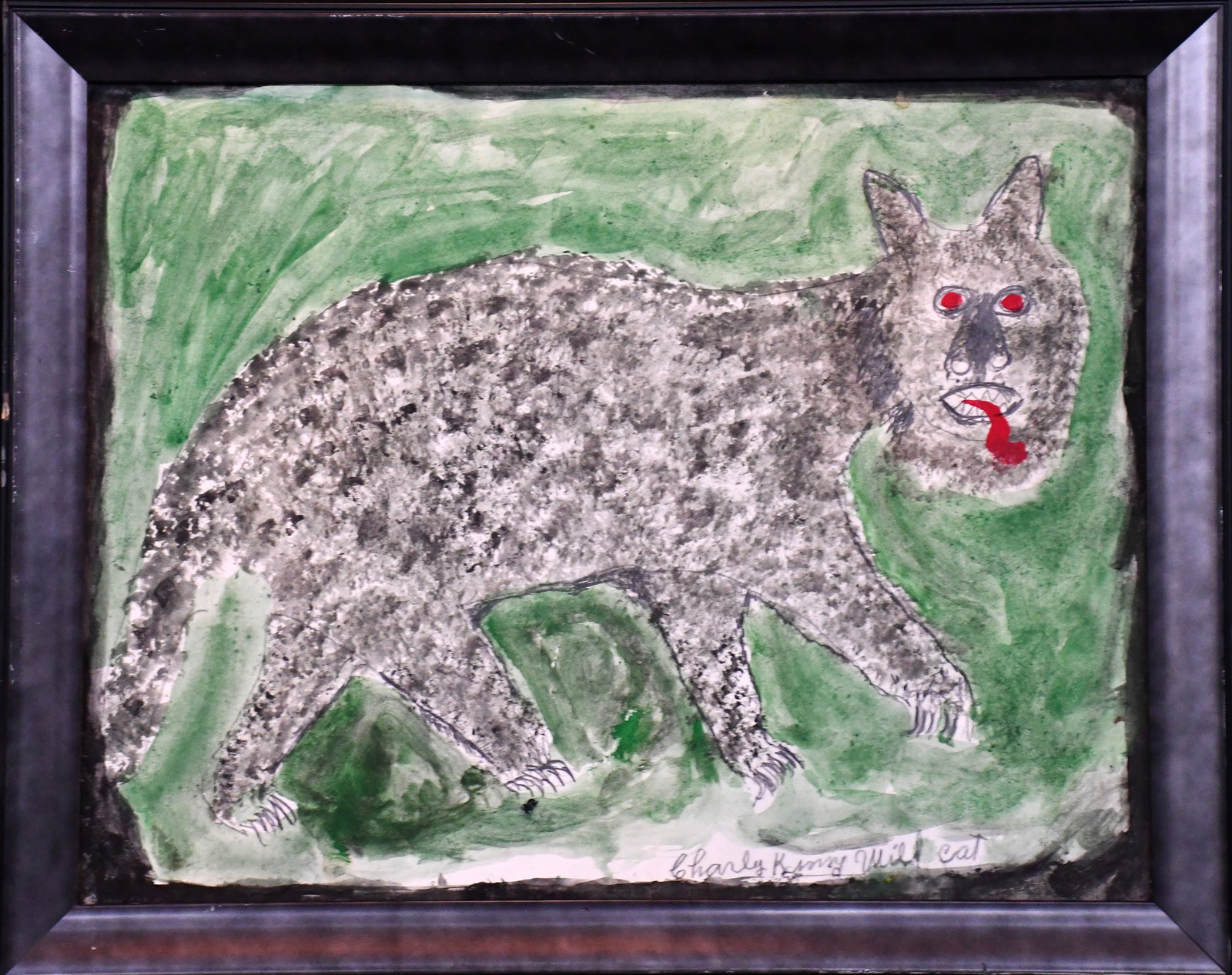 Charley Kinney. Wildcat with Green Background.: Charley Kinney. Wildcat with Green Background. Signed and titled. Watercolor and mixed media on poster. Size with frame is 32" w x 26" h. Est. $300-500. Ship: $85 Please Read Before You Bid: By regist