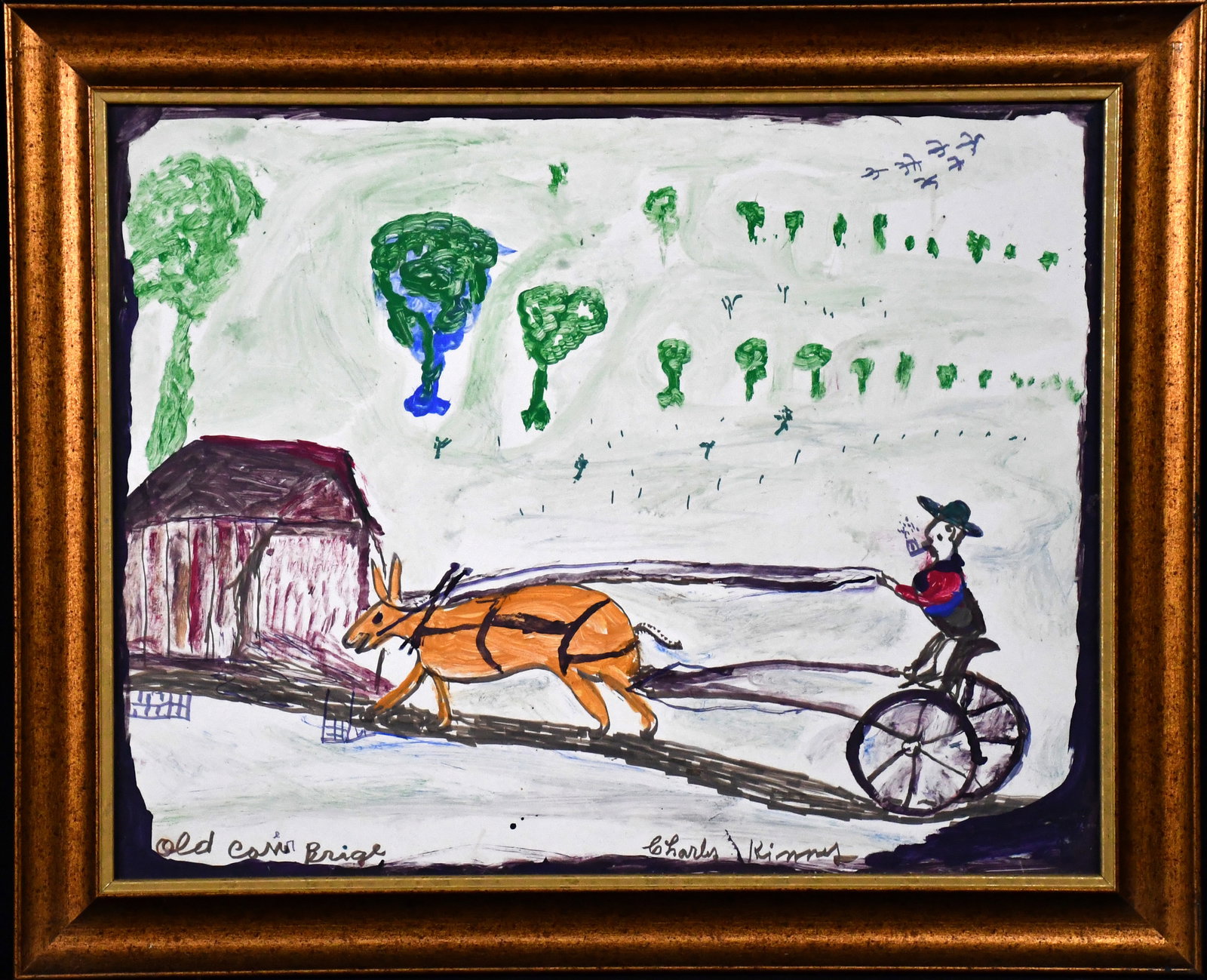 Charley Kinney. Old Covered Bridge.: Charley Kinney. Old Covered Bridge. Signed and titled. Paint on poster. Excellent condition. Size with frame is 33" w x 27" h. Est. $200-400. Ship: $100 Please Read Before You Bid: By registering for