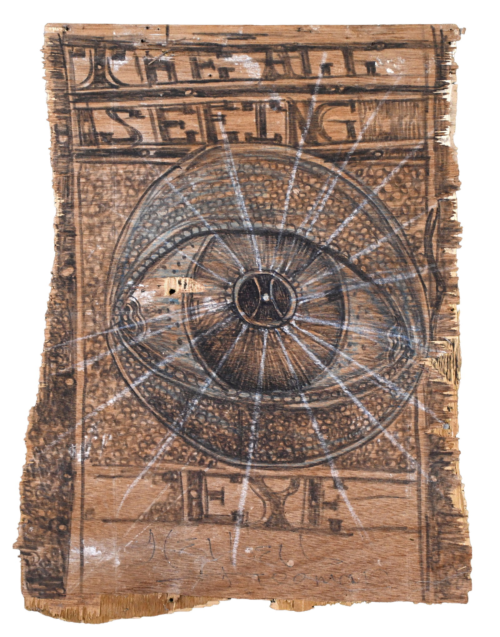 Herbert Freeman. The All Seeing Eye.: Herbert Freeman. The All Seeing Eye. c. 2015. Signed. Marker on found wooden panel. Original fraying on edges and hole in center, otherwise good condition. 19" w x 24" h. Est. $100-200. Ship: $65 