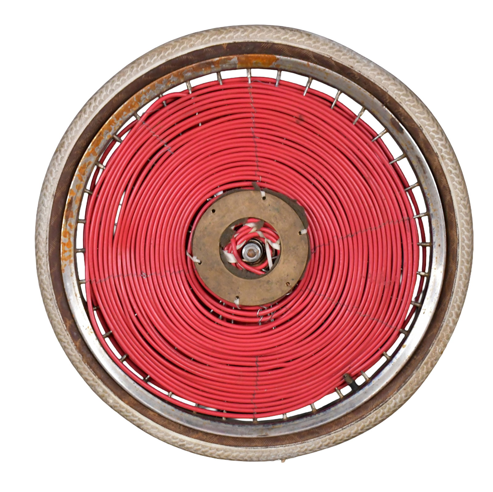 Edward Nagrodzki. Coiled Red Wire On White Tire.: Edward Nagrodzki. Coiled Red Wire On White Tire. Not signed. Great condition. 19" diameter. Est. $300-500. Ship: $65 Please Read Before You Bid: By registering for and/or placing a bid in any