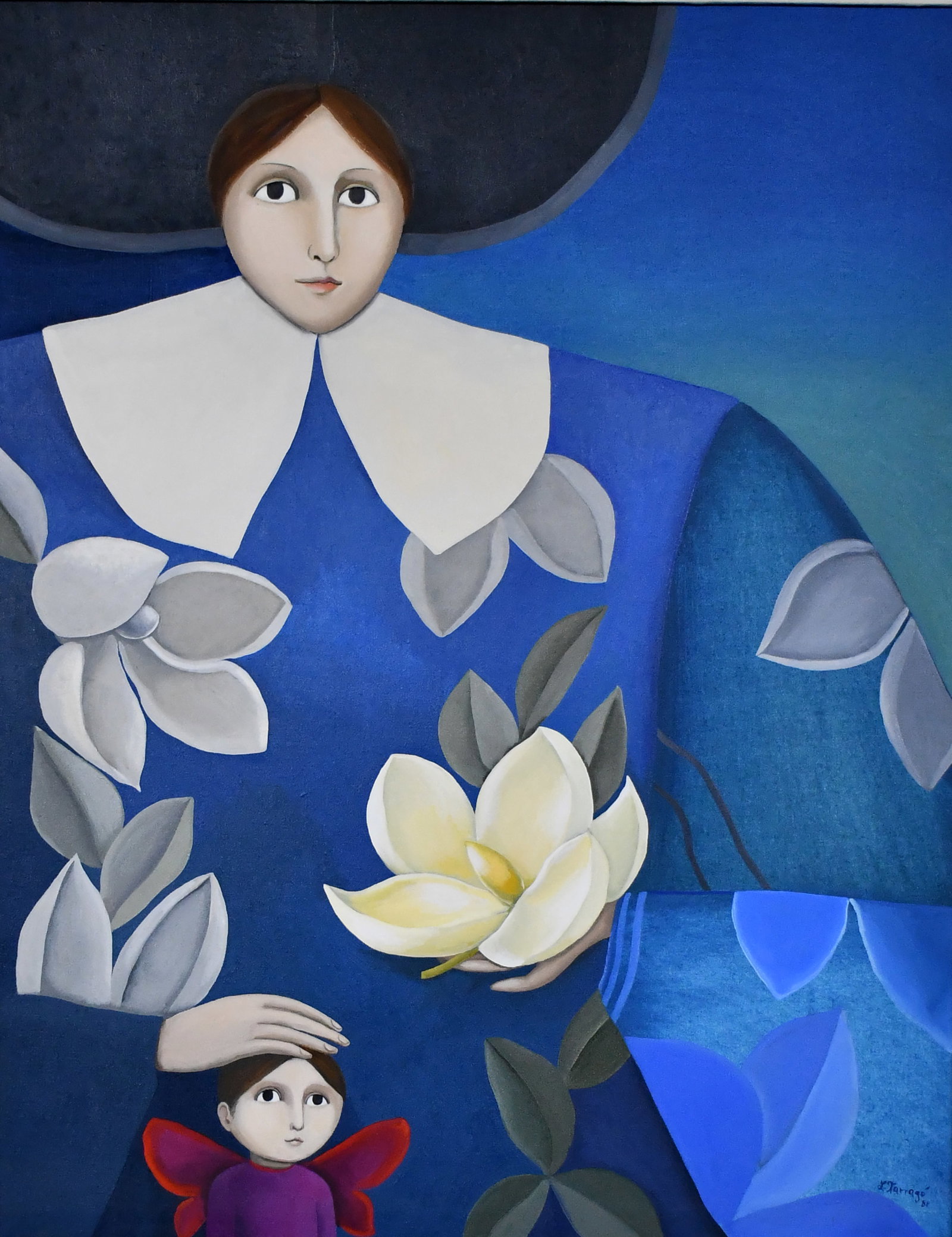 Leticia Tarago. Mother and Child with Magnolia Blossom.: Leticia Tarago. Mother and Child with Magnolia Blossom. 1988. Signed and dated. Oil on canvas. Excellent condition. Size with frame is 41" w x 48" h. Est. $500-800. Buyer is responsible for shipping.