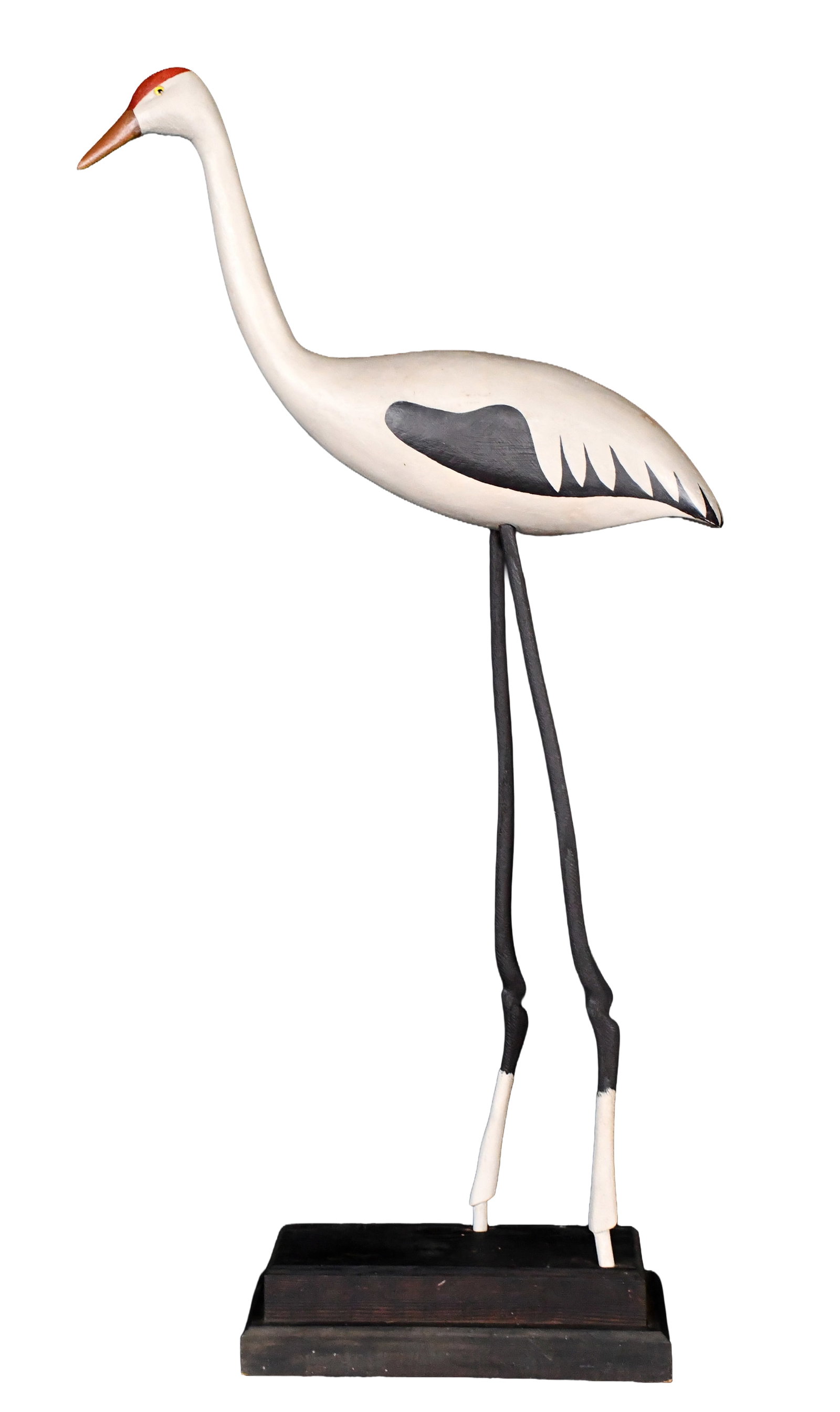 Paul Lutonsky. Sandhill Crane.: Paul Lutonsky. Sandhill Crane. Signed and titled. Carved and painted wood with glass eyes. Minor paint wear on beak, otherwise excellent condition. 24" w x 44" h. Est. $200-300. Ship: $150