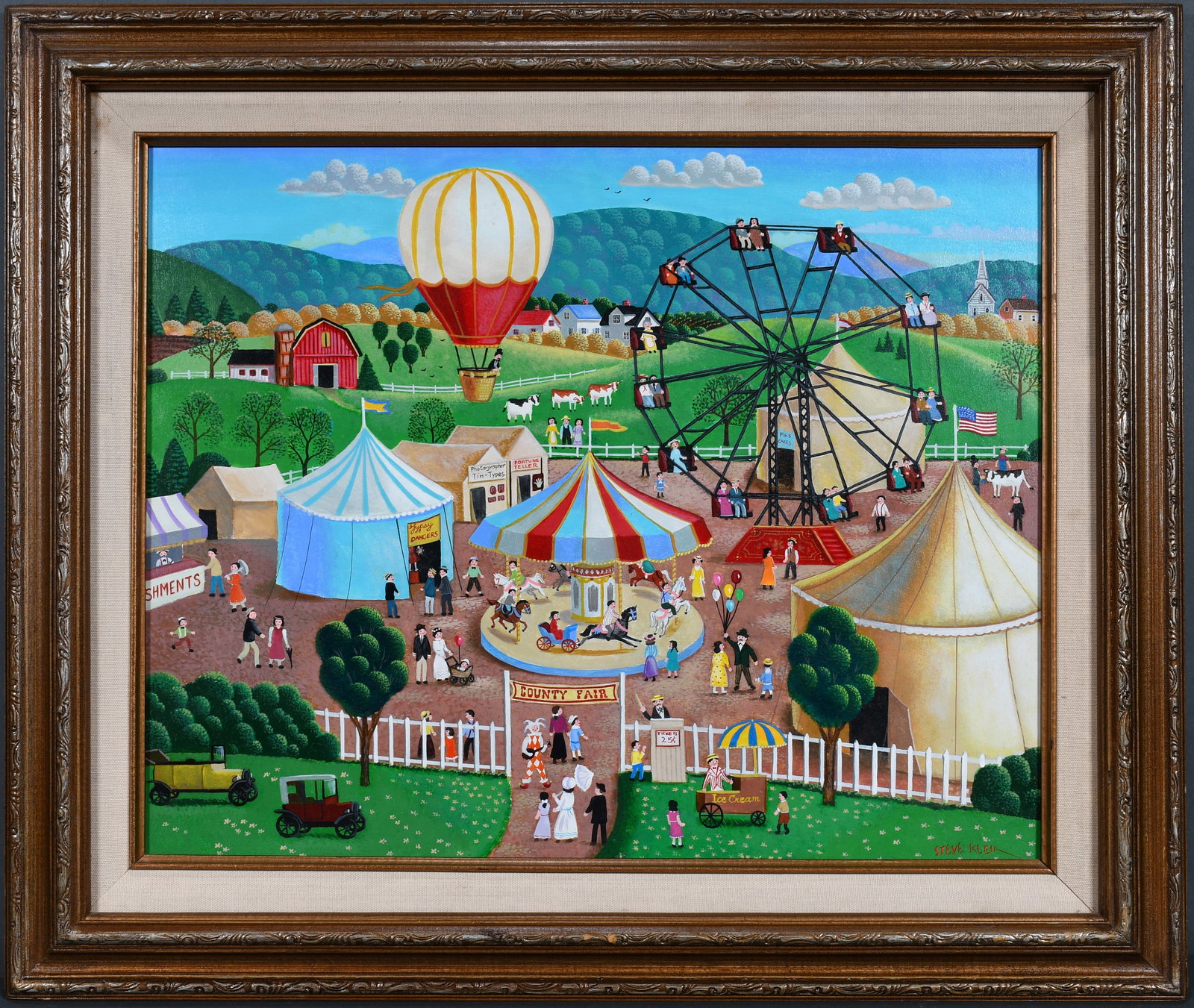 Steve Klein. County Fair.: Steve Klein. County Fair. Signed. 1992. Signed, dated and titled. Oil on Masonite. Excellent condition. Size with frame is 25.5" w x 21.5" h. Est. $300-500. Ship: $65 Please Read Before You Bid: By re