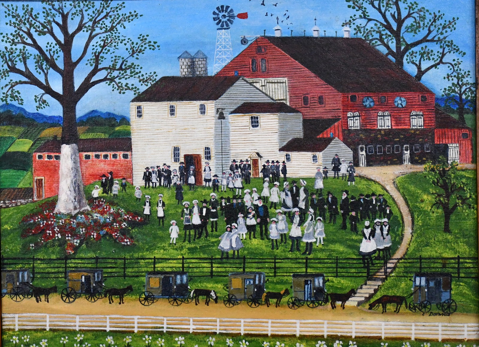Donnis Jean Berry Generaux. Amish Gathering.: Donnis Jean Berry Generaux. Amish Gathering. Signed. Oil on canvas panel. Excellent condition. Size with frame is 25" w x 20" h. Est. $100-300. Ship: $65 Please Read Before You Bid: By registering
