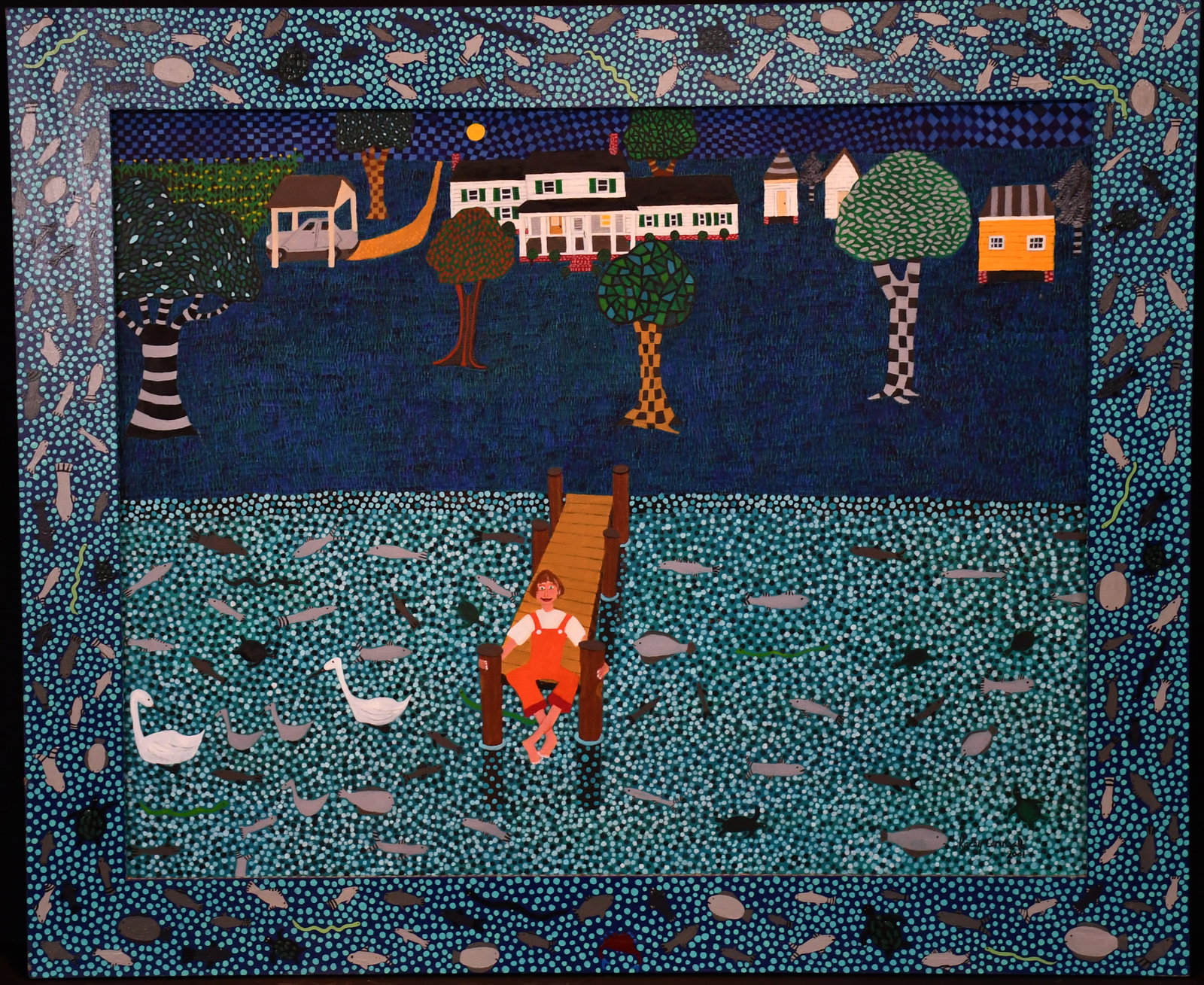 Kacey Carneal. Dangling Their Feet In the Water.: Kacey Carneal. Dangling Their Feet In the Water. 2001. Signed and dated. Oil on canvas. Excellent condition. Size with artist-decorated frame is 36" w x 29.5" h. Est. $200-400. Ship: $100 Please