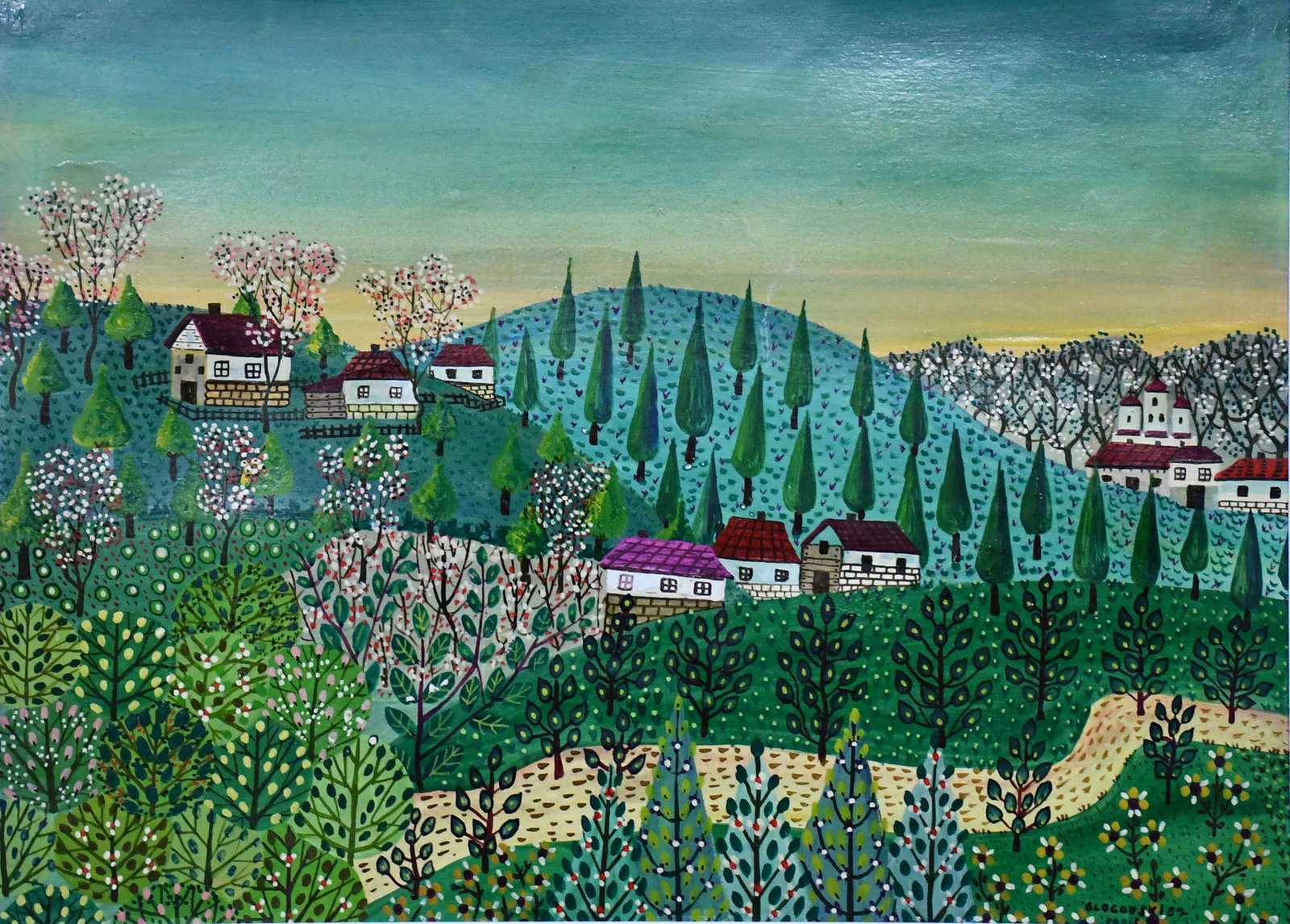 Glogovski. Springtime.: Glogovski. Springtime. 2002. Signed and dated. Paint on paper. Minor surface wear, otherwise good condition. Size with frame is 26" w x 21" h. Est. $50-100. Ship: $65 Please Read Before You Bid: