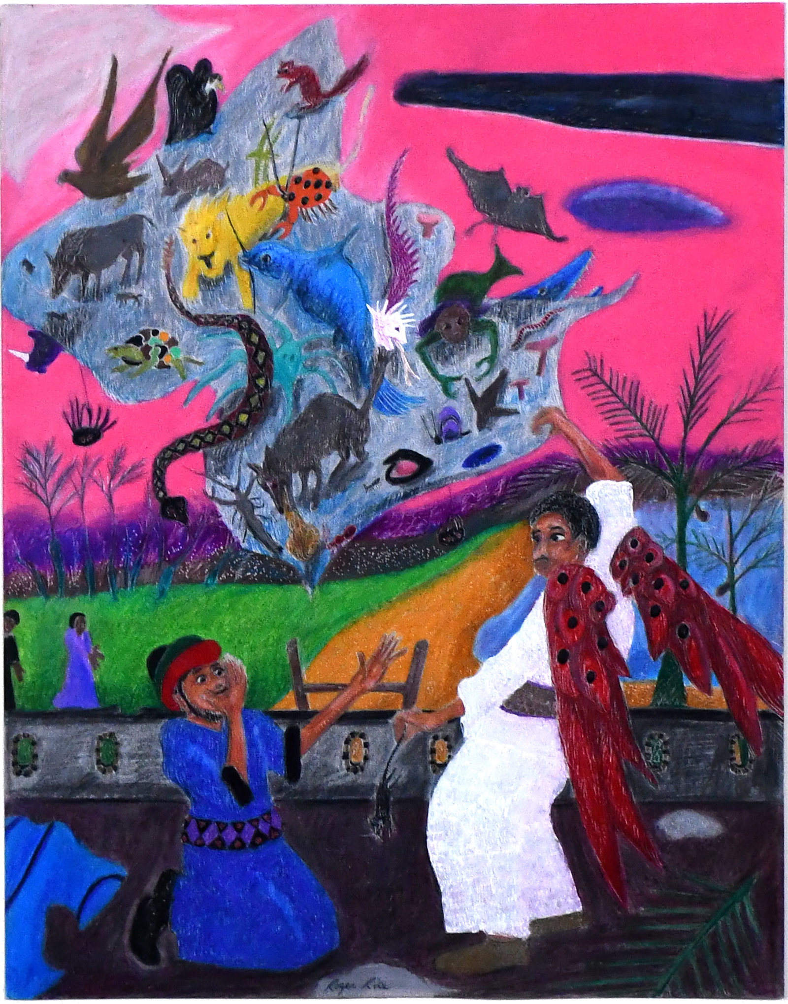 Roger Rice. Four Footed Beasts.: Roger Rice (b. 1958). Four Footed Beasts... c. 1999. Signed. Pastels and colored pencil on paper. Excellent condition. Image is 11" w x 14" h. Frame is 21" w x 25" h. Est. $200-300. Ship: $65 Please R