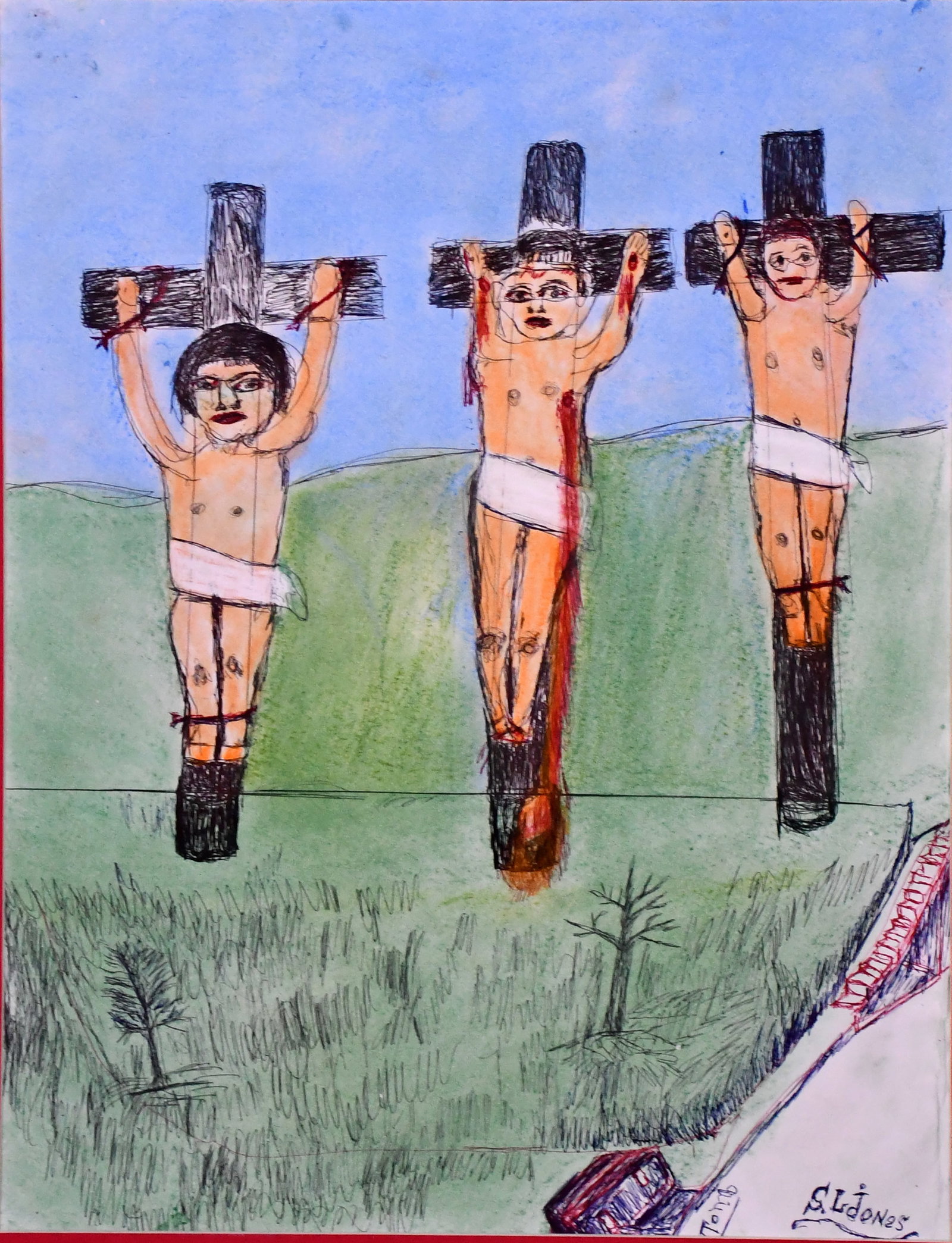 S.L. Jones. Crucifixion On Calvary Hill.: S.L. Jones. Crucifixion On Calvary Hill. Signed. Pastel and ink on paper. Minor wear on edges, otherwise good condition. Size with matting is 24" w x 29" h. Est. $100-300. Ship: $65 Please Read