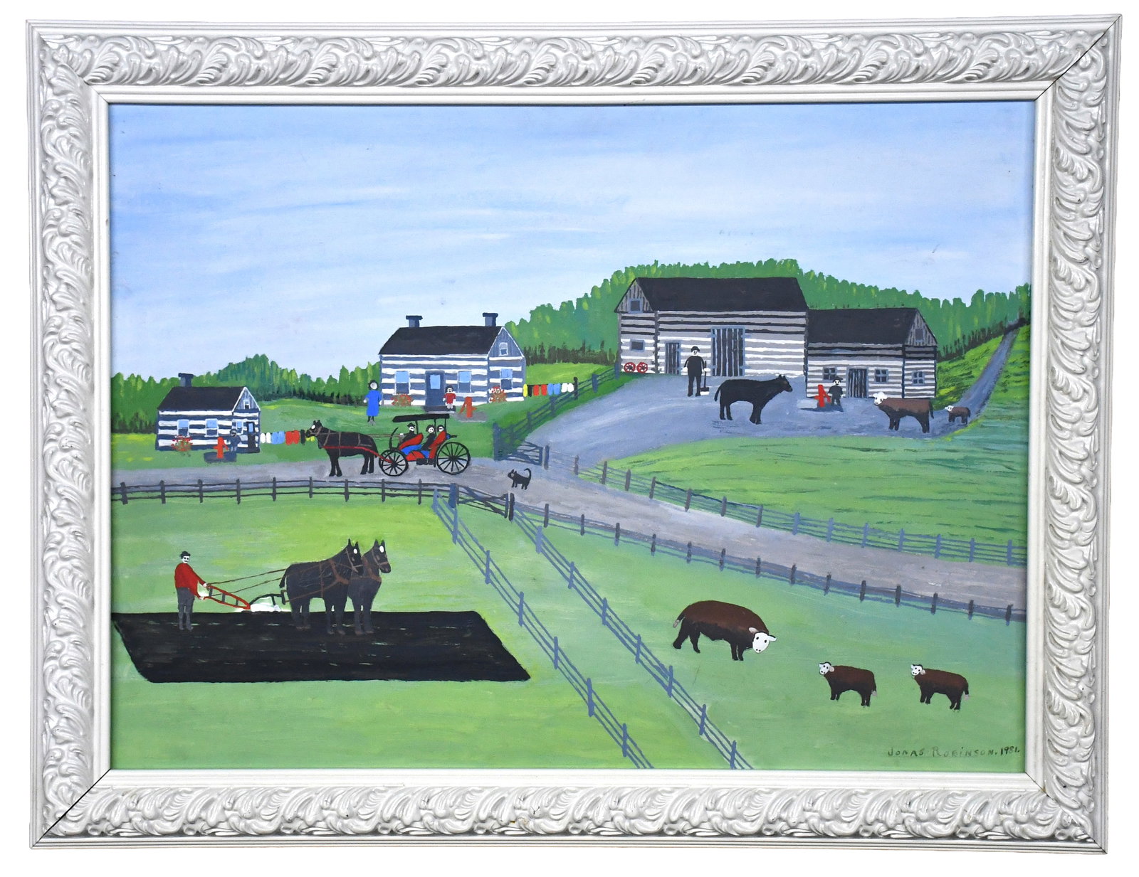 Jonas 'Joni' Robinson. Memory Painting The Old Farm.: Jonas 'Joni' Robinson. Memory Painting The Old Farm. 1981. Signed and dated. Oil on Masonite. Great condition. Size with frame is 35" w x 27" h. Est. $100-300. Ship: $150 Please Read Before You