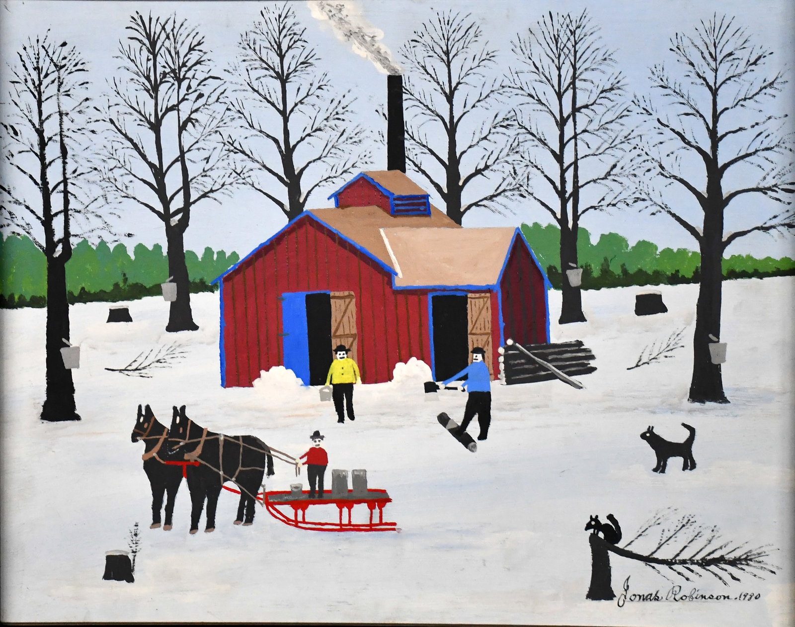 Jonas 'Joni' Robinson. Harvesting Maple Syrup.: Jonas 'Joni' Robinson. Harvesting Maple Syrup. 1980. Signed and dated. Oil on board. Great condition. Size with frame is 23" w x 19" h. Est. $100-200. Ship: $55 Please Read Before You Bid: By