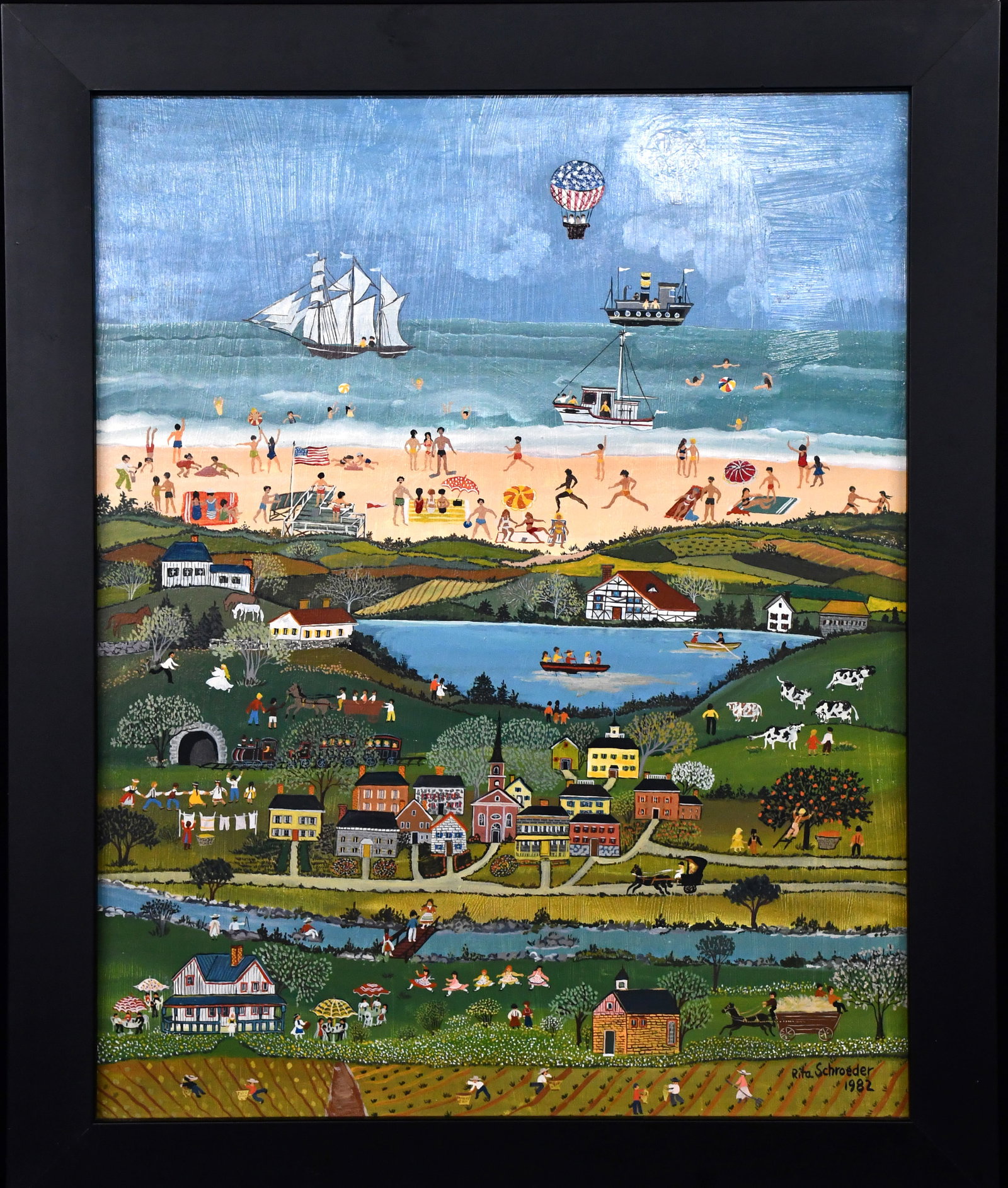 Rita Schroeder. From Beach to Farm Memory Painting.: Rita Schroeder. From Beach to Farm Memory Painting. 1982. Signed and dated. Oil on Masonite. Great condition. Size with frame is 28" w x 34" h. Est. $200-400. Ship: $150 Please Read Before You Bid: By