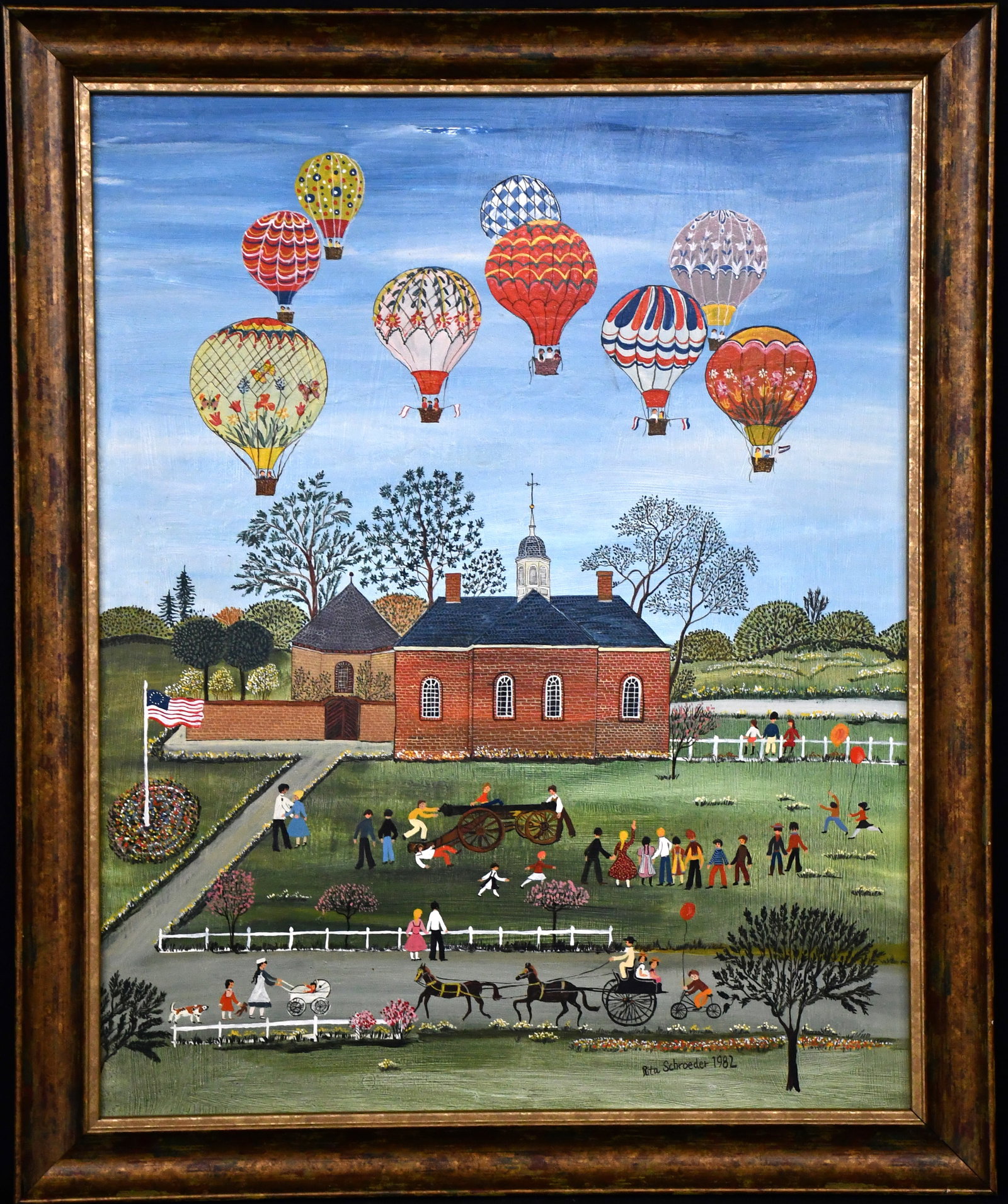 Rita Schroeder. Balloons Over Schoolyard.: Rita Schroeder. Balloons Over Schoolyard. 1982. Signed and dated. Oil on Masonite. Great condition. Size with frame is 29" w x 35" h. Est. $200-400. Ship: $150 Please Read Before You Bid: By registeri