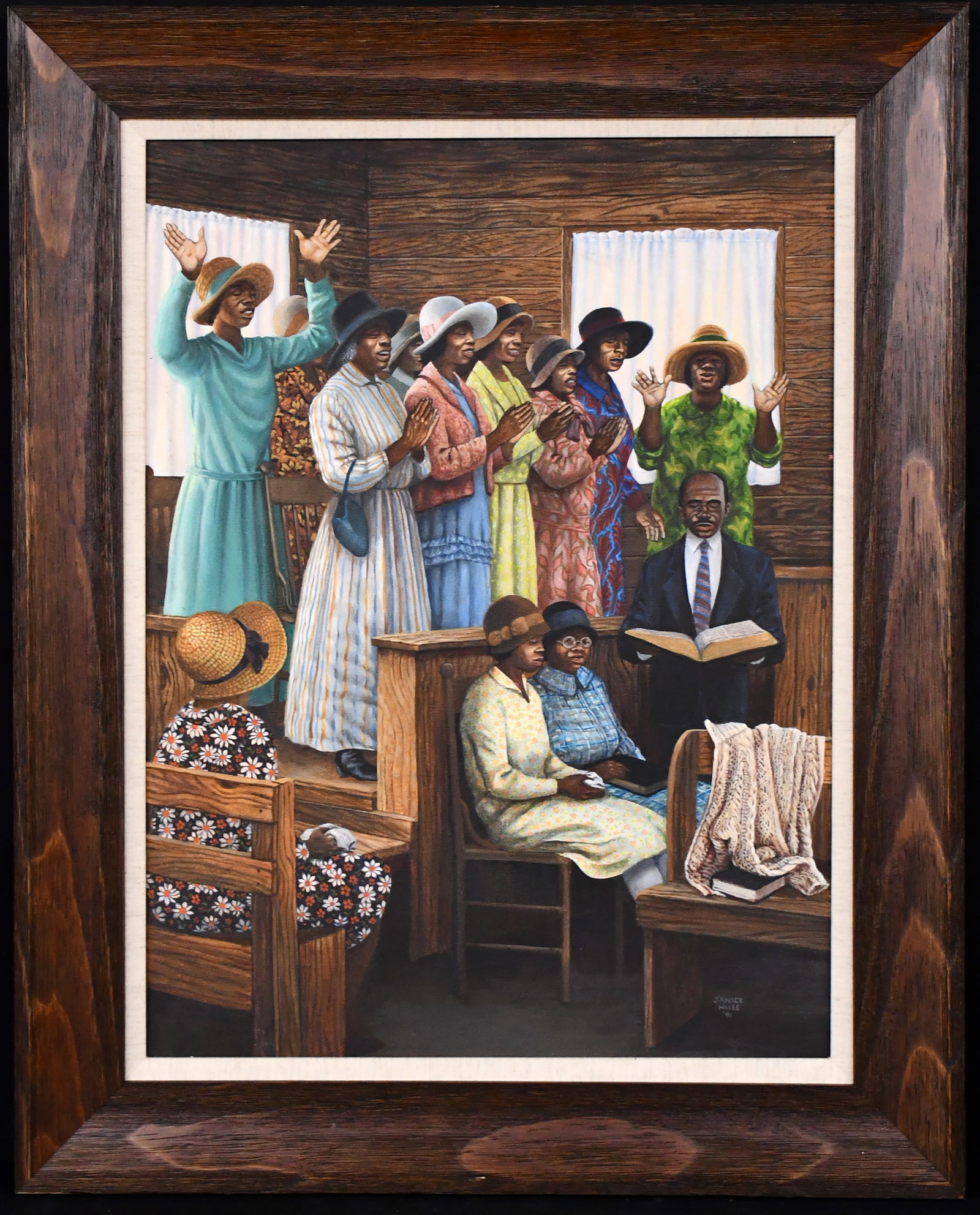 Janice Huse. Hallrluia (sic).: Janice Huse. Hallrluia (sic). 1991. Signed, dated, and titled. Oil on canvas. Excellent condition. Size with frame is 24" w x 30" h. Est. $100-300. Ship: $85 Please Read Before You Bid: By