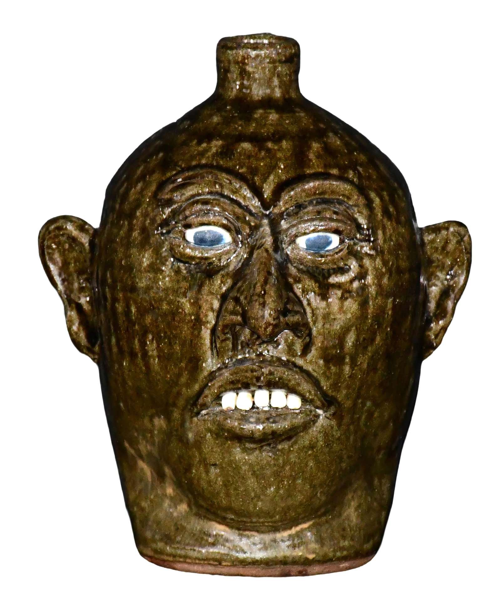 Lanier Meaders. Deep Rich Tobacco-Spit Glazed Face Jug.: Lanier Meaders. Deep Rich Tobacco-Spit Glazed Face Jug. c. late 1980's. Signed. Mint condition. 10" h. Est. 800-1,200. Ship: $45