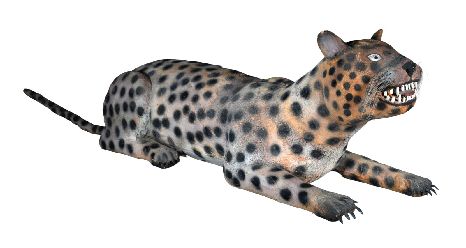 Felipe Archuleta. Leopard.: Felipe Archuleta. Leopard. 1975. Signed and dated. Carved and painted wood with plastic claws and mixed media. Minor chips on ears, otherwise excellent condition. Size with tail is 63" long x 14.5" w 