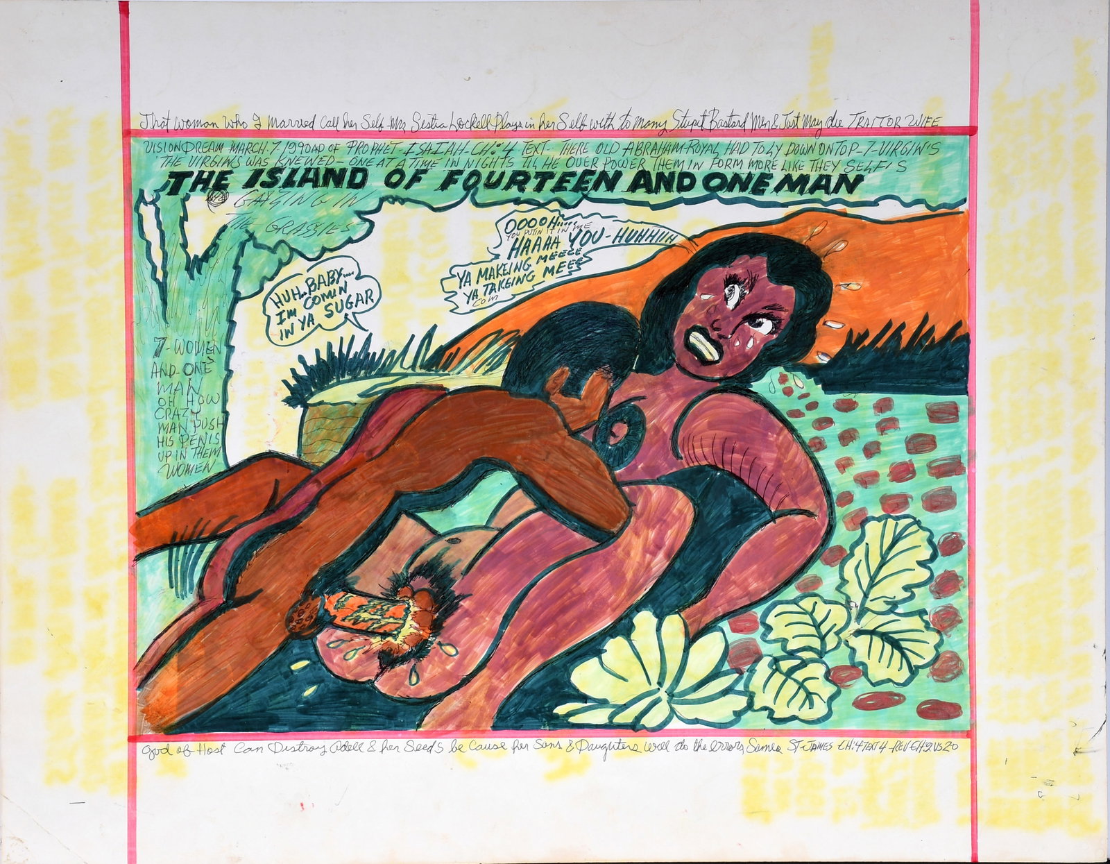 Prophet Royal Robertson. The Island of Fourteen and One Man.: Prophet Royal Robertson. The Island of Fourteen and One Man. 1990. Signed, dated and titled. Double Sided. Paint, marker and ink on poster. Excellent condition. 28" w x 22" h. Est. $1,000-2,000. Ship: