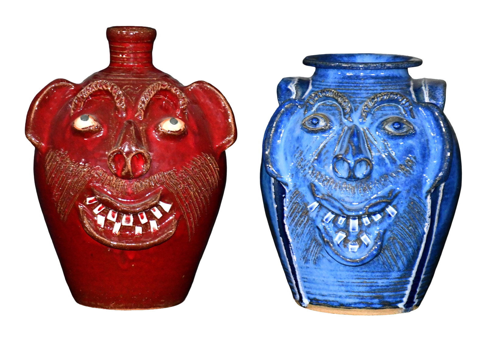 Charles Lisk. Red Face Jug & Blue Face Jar.: Charles Lisk. Red Face Jug and Blue Face Jar. Signed. Mint condition. Average is 10.5" h. Est. $100-300. Ship: $100