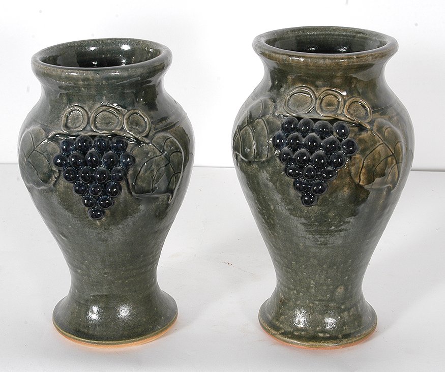 John Meaders. Pair of Grape Vases.: John Meaders. Pair of Grape Vases. c. 1990. Signed. Mint condition. 9.5”h. Est. $200-400. Ship: $75