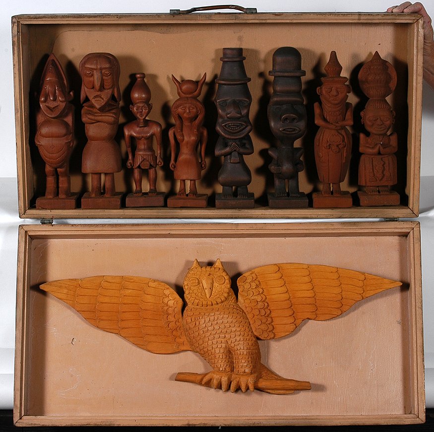 Philip Chabot. 8 Totems & Owl.: Philip Chabot. 8 Totems and Large Owl. c. 1950’s. Not signed. Carved wood attached to homemade wood hinged box. Excellent condition. 36” x 18”. Est. $1,000-2,000. Ship: $200