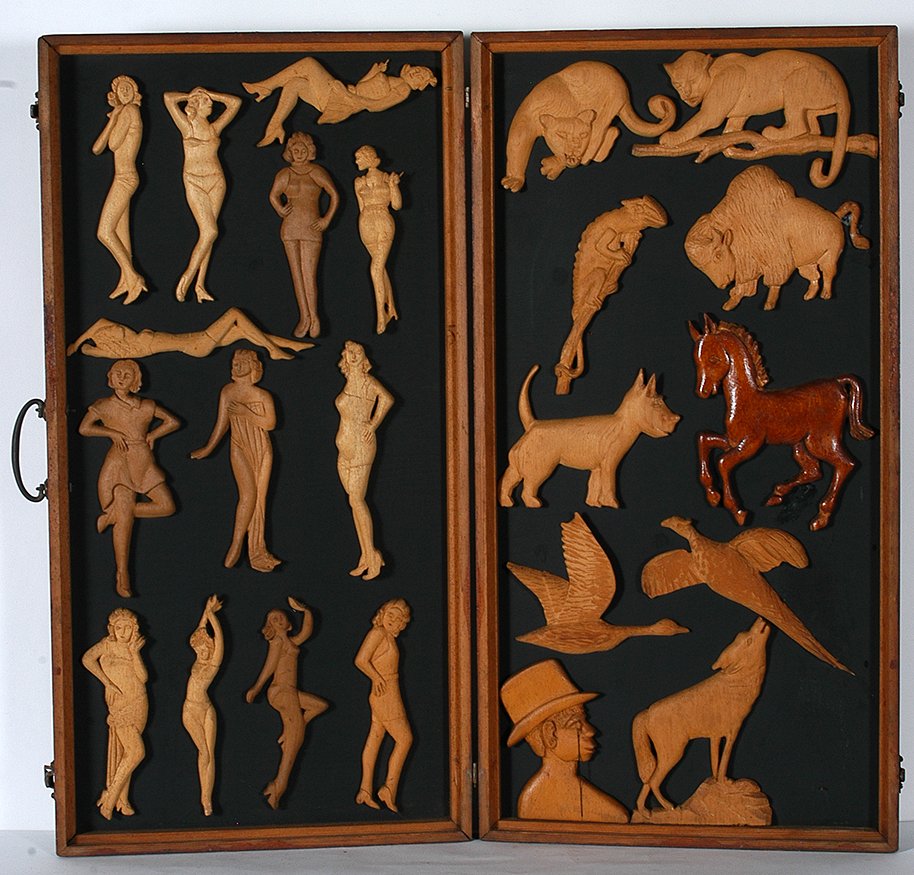 Philip Chabot. Pin Up Ladies & Animals.: Philip Chabot. Pin Up Ladies & Animals. c. 1950’s. 23 carved figures attached to homemade wooden hinged box. Excellent condition. 33” x 17”. Est. $1,000-2,000. Ship: $200