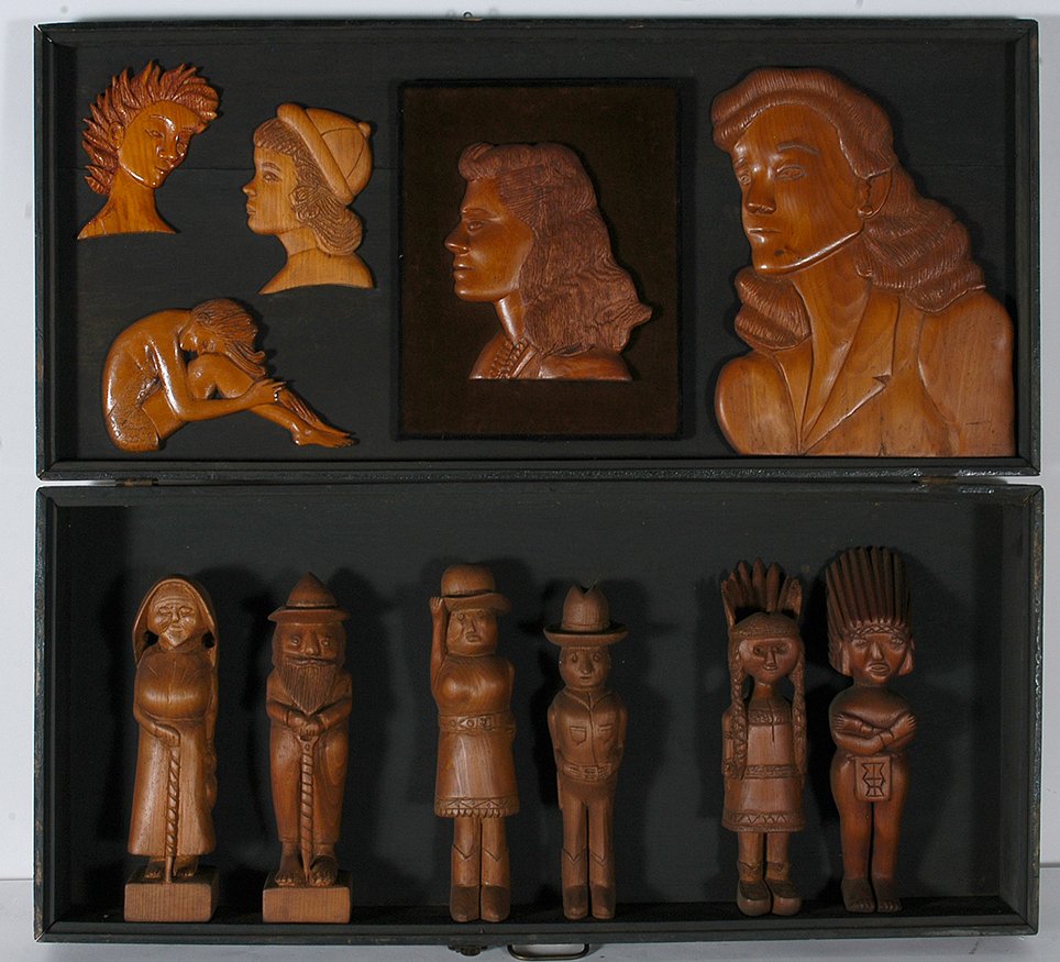 Philip Chabot. Western Figs. & Women.: Philip Chabot. Six Western Figures & Women. c. 1950’s. Not signed. Carved wood and attached to homemade wooden hinged box. Excellent condition. 40” x 18”. Est. $1,000-2,000. Ship: $200